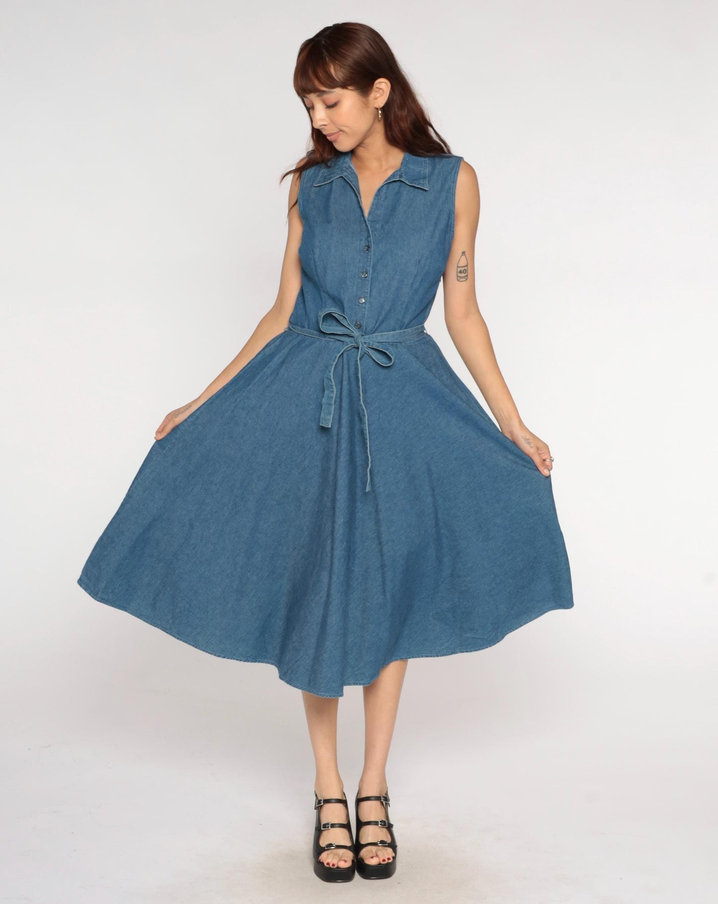 Y2K Denim Midi Dress Blue Chambray Sleeveless Collared Tie Waist Large L