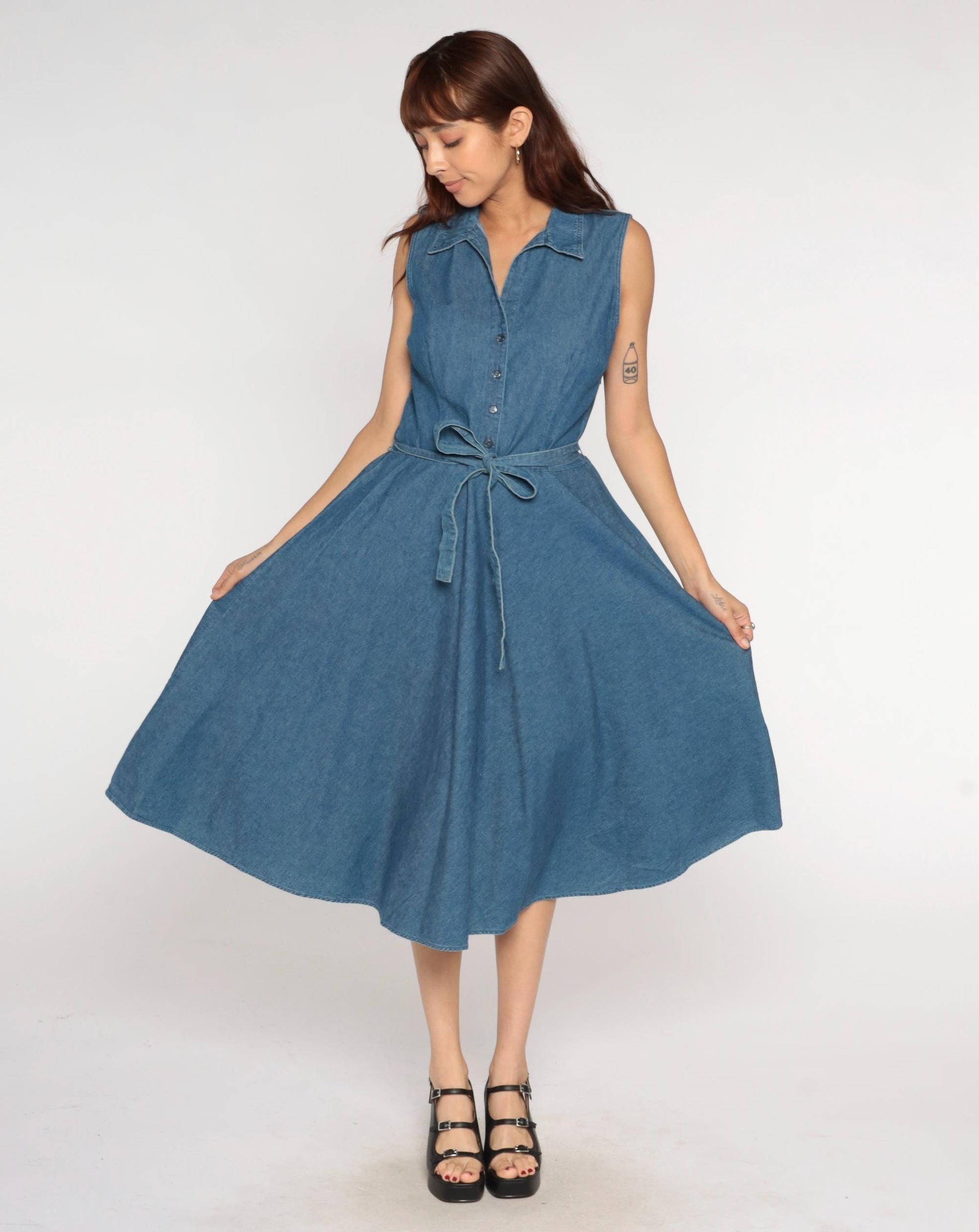 Y2K Denim Midi Dress Blue Chambray Sleeveless Collared Tie Waist Large L