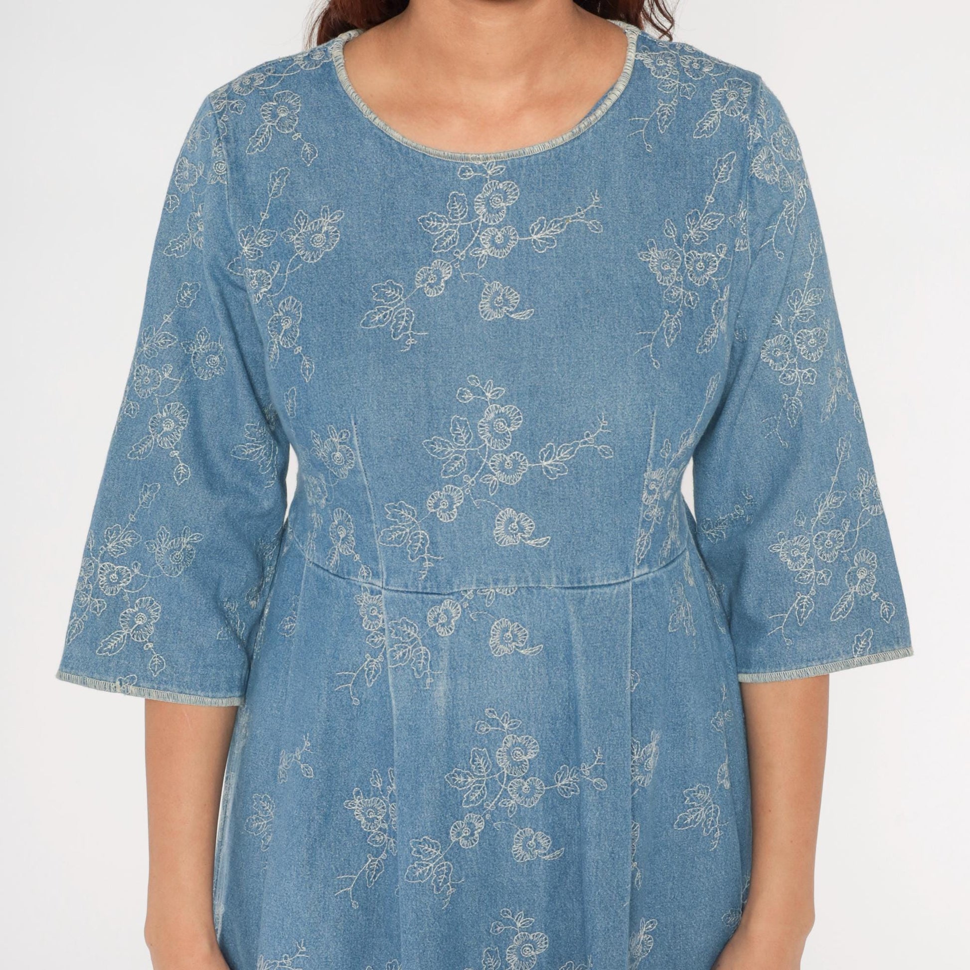 Y2K Blue Embroidered Denim Dress Floral Empire Waist A-Line Medium M