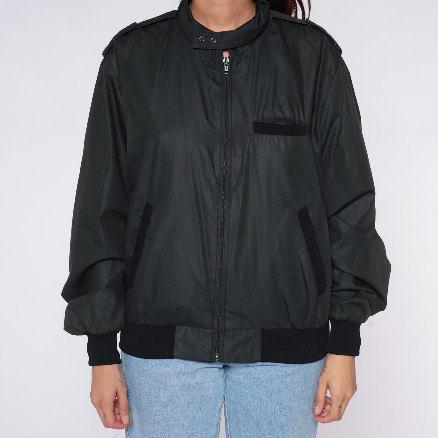 80s Black Bomber Jacket Windbreaker Flight Epaulettes Zip Front Large L