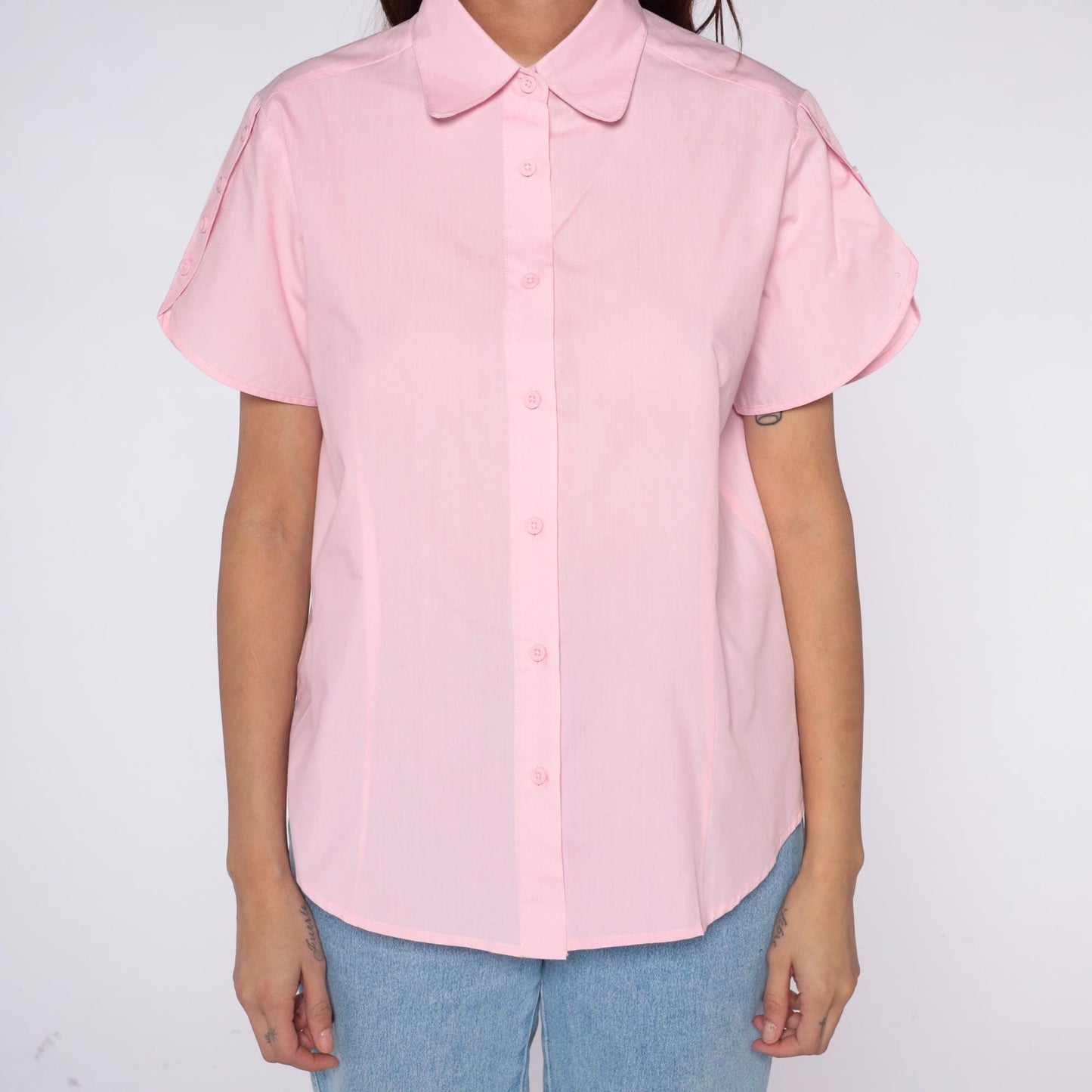 80s American Sweetheart Pink Button-Up Blouse Peter Pan Collar Medium M