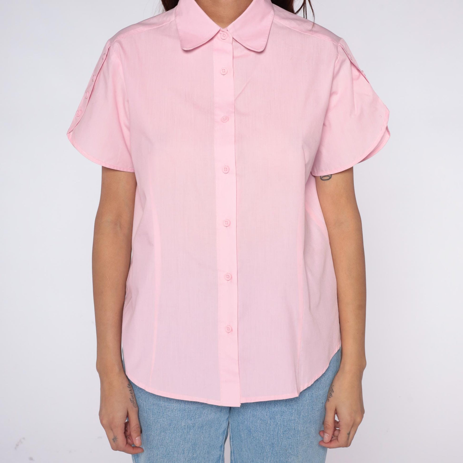80s American Sweetheart Pink Button-Up Blouse Peter Pan Collar Medium M