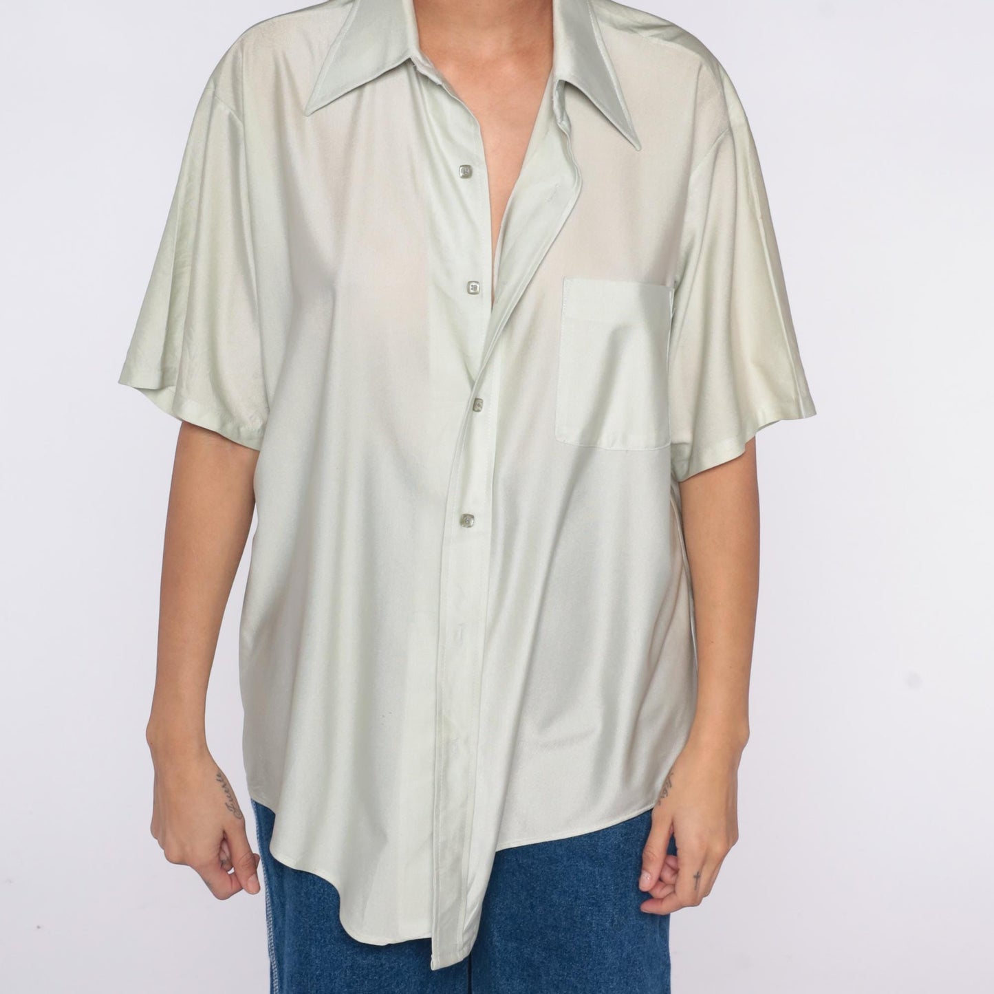 70s Van Heusen Sage Green Short Sleeve Button-Up Shirt Chest Pocket Large L