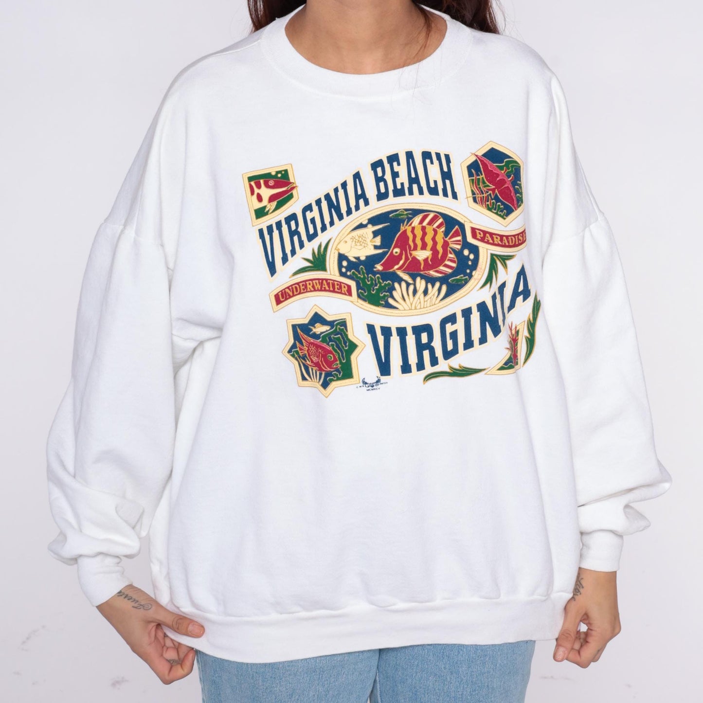 90s Virginia Beach Sweatshirt Plus Size XXL White Tropical Fish Graphic Pullover