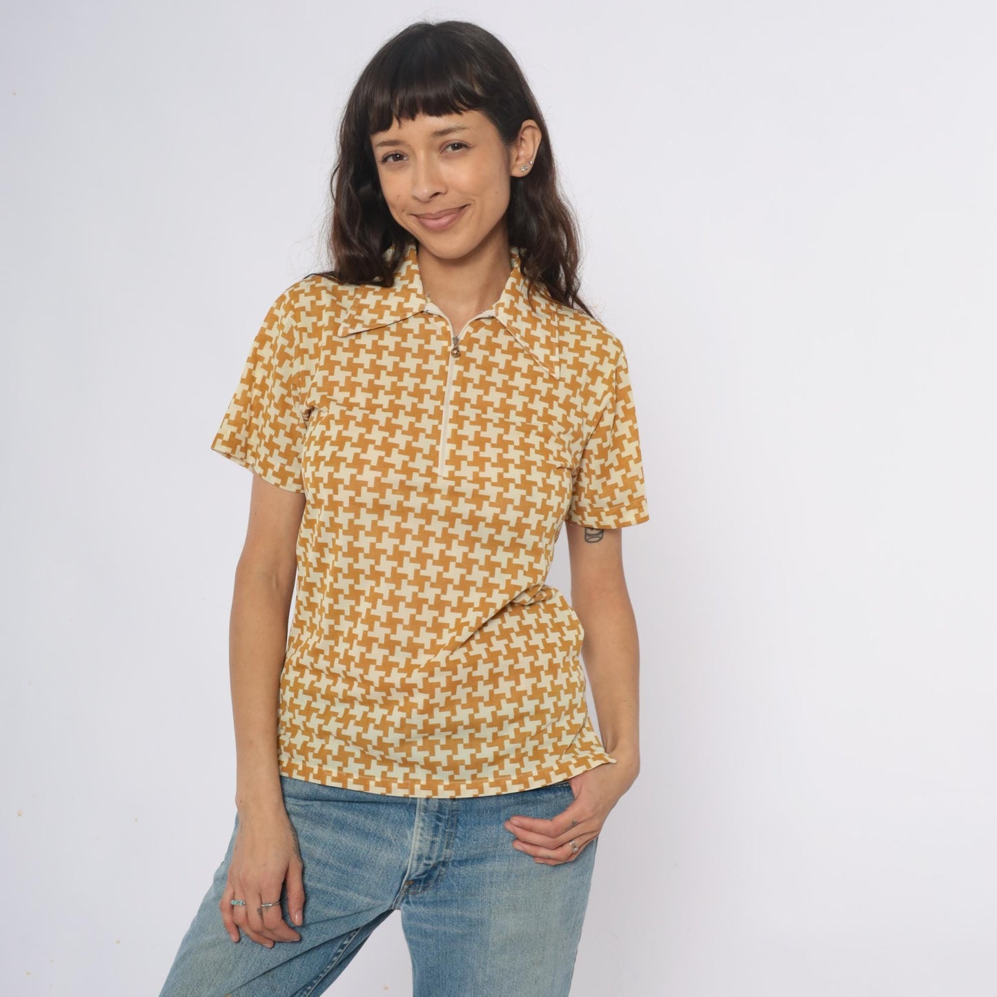70s Houndstooth Polo Zip Front Collared Shirt Yellow Cream Geometric Extra Small