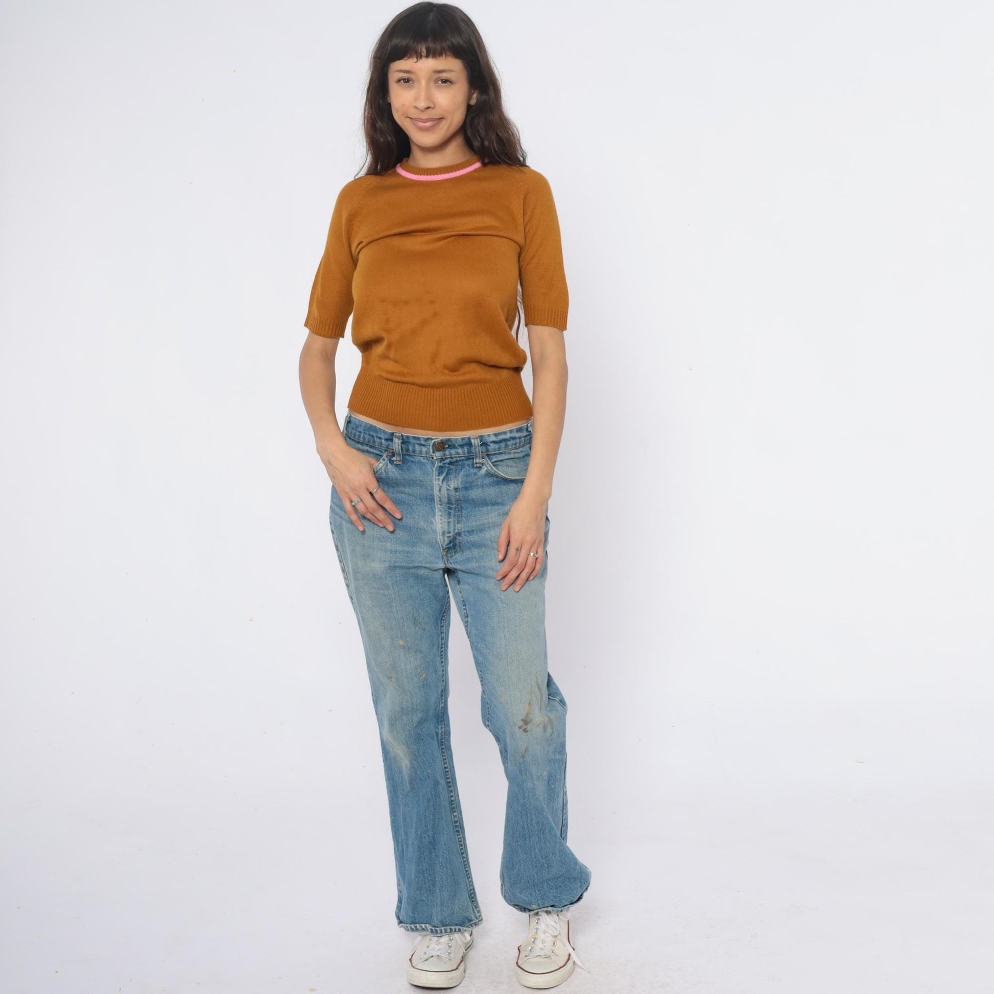 70s Filly Fashion Mustard Knit Sweater Pink Trim Cropped Back Zip Small S