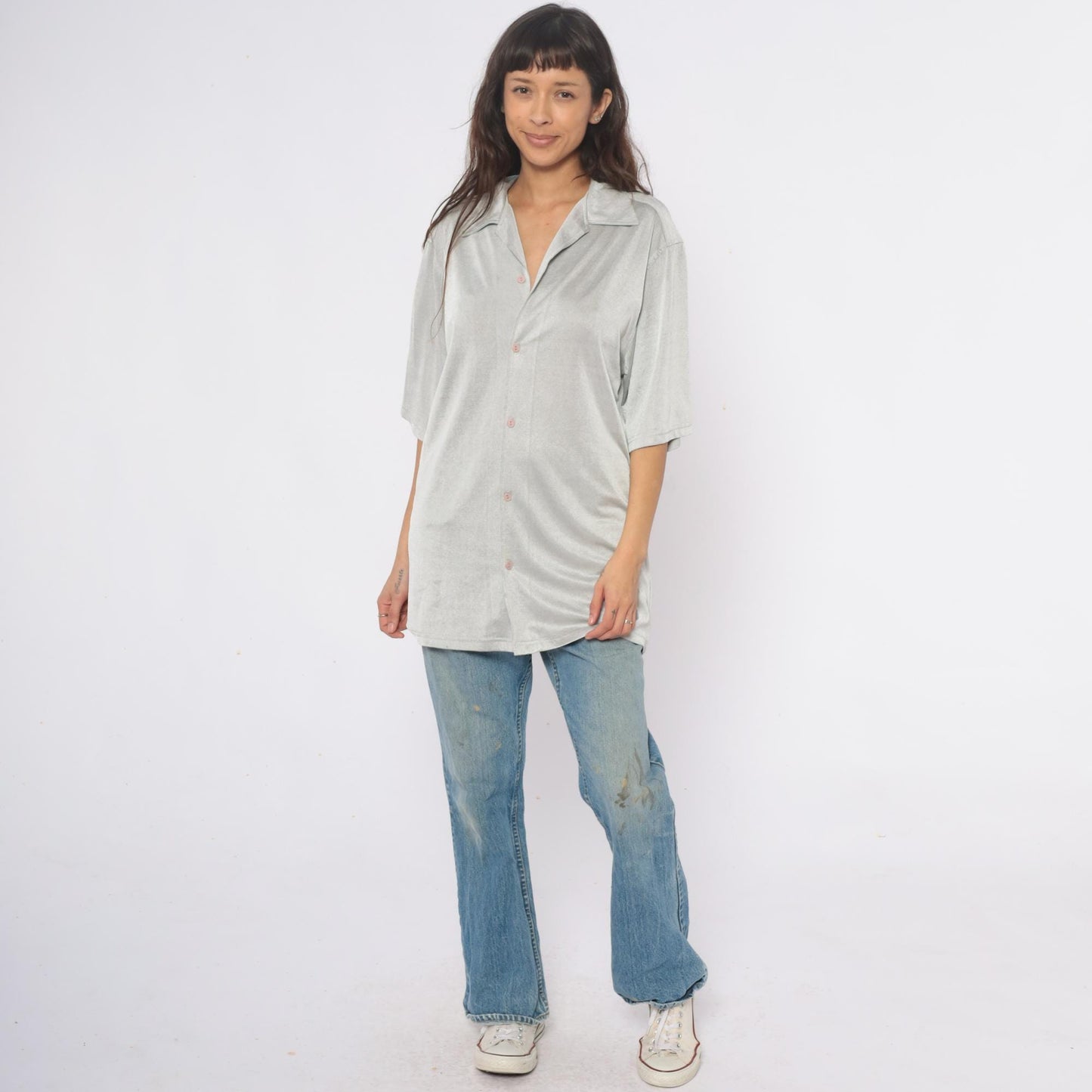 90s Silver Button-Front Tunic Shirt Three-Quarter Sleeve Extra Large XL