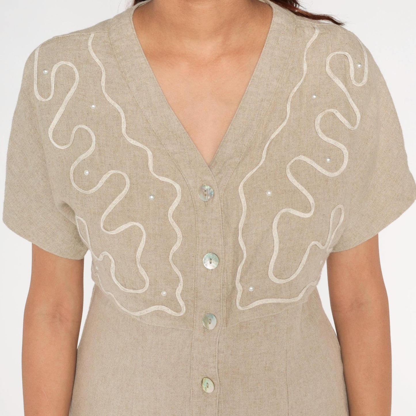 90s Miss Dorby Beige Linen Midi Dress Embroidered Sequin V-Neck Medium