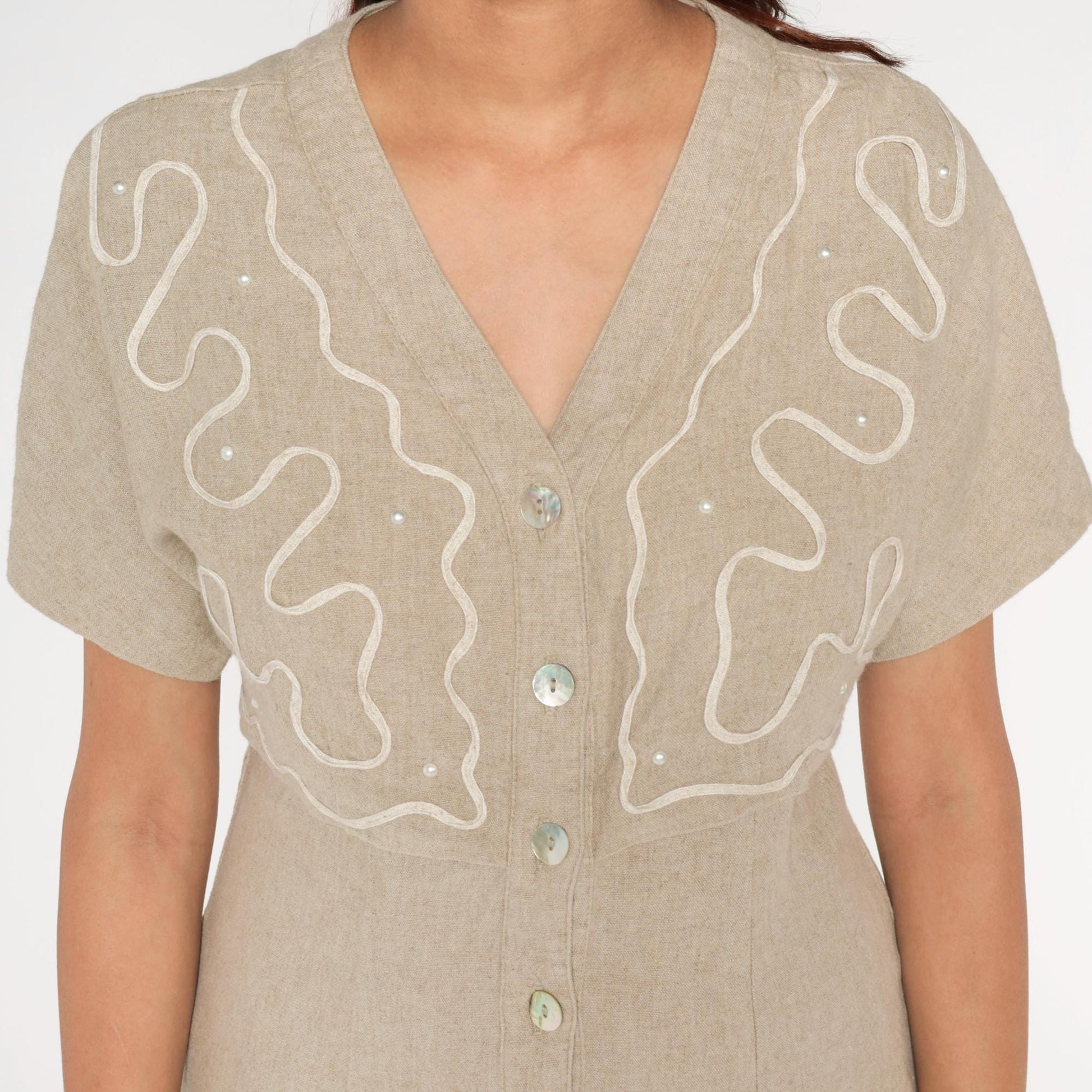 90s Miss Dorby Beige Linen Midi Dress Embroidered Sequin V-Neck Medium