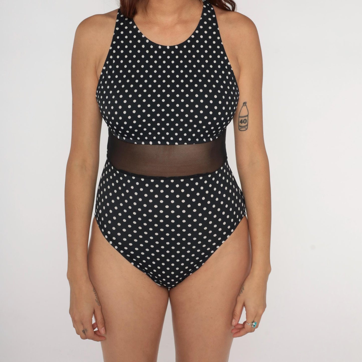 80s Jantzen Black White Polka Dot One-Piece Swimsuit Mesh Panel High Neck Size 12
