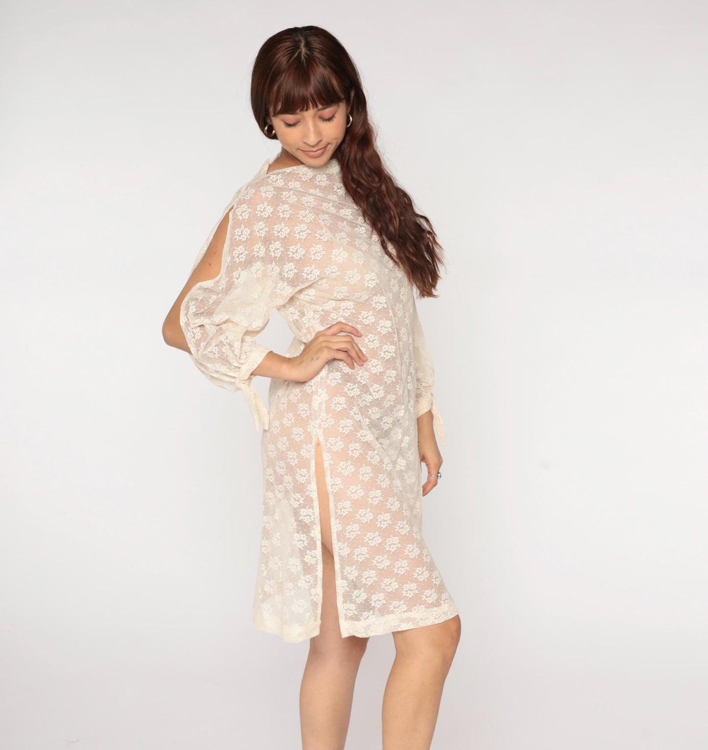 70s Cream Floral Lace Dress Knee Length Sheer Boat Neck Tie Cuff Small