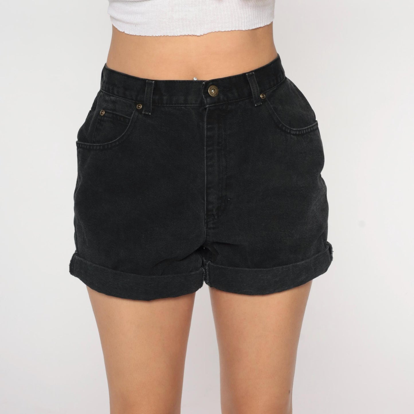 90s Liz Claiborne Black Denim Shorts High Waist Rolled Cuff Medium