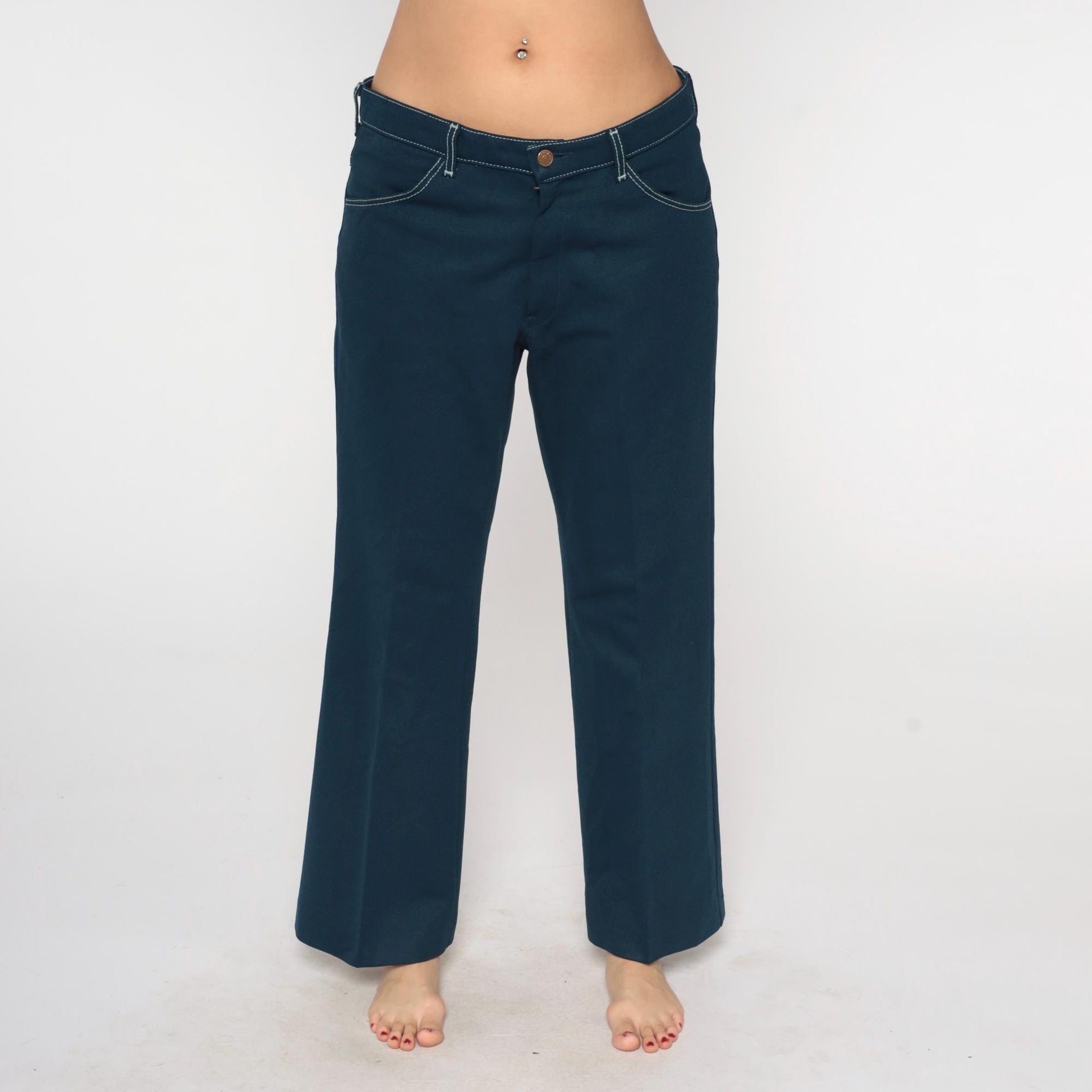 70s Farah Flared Pants Teal Blue White Stitching Low Rise Bell Bottom Large