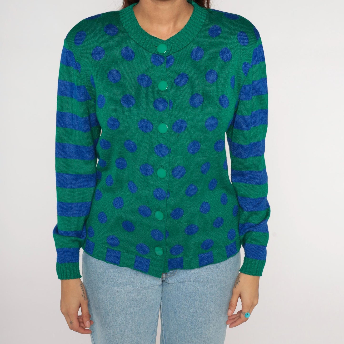 80s Ami Knits Cardigan Green Polka Dot Blue Striped Sleeves Large L