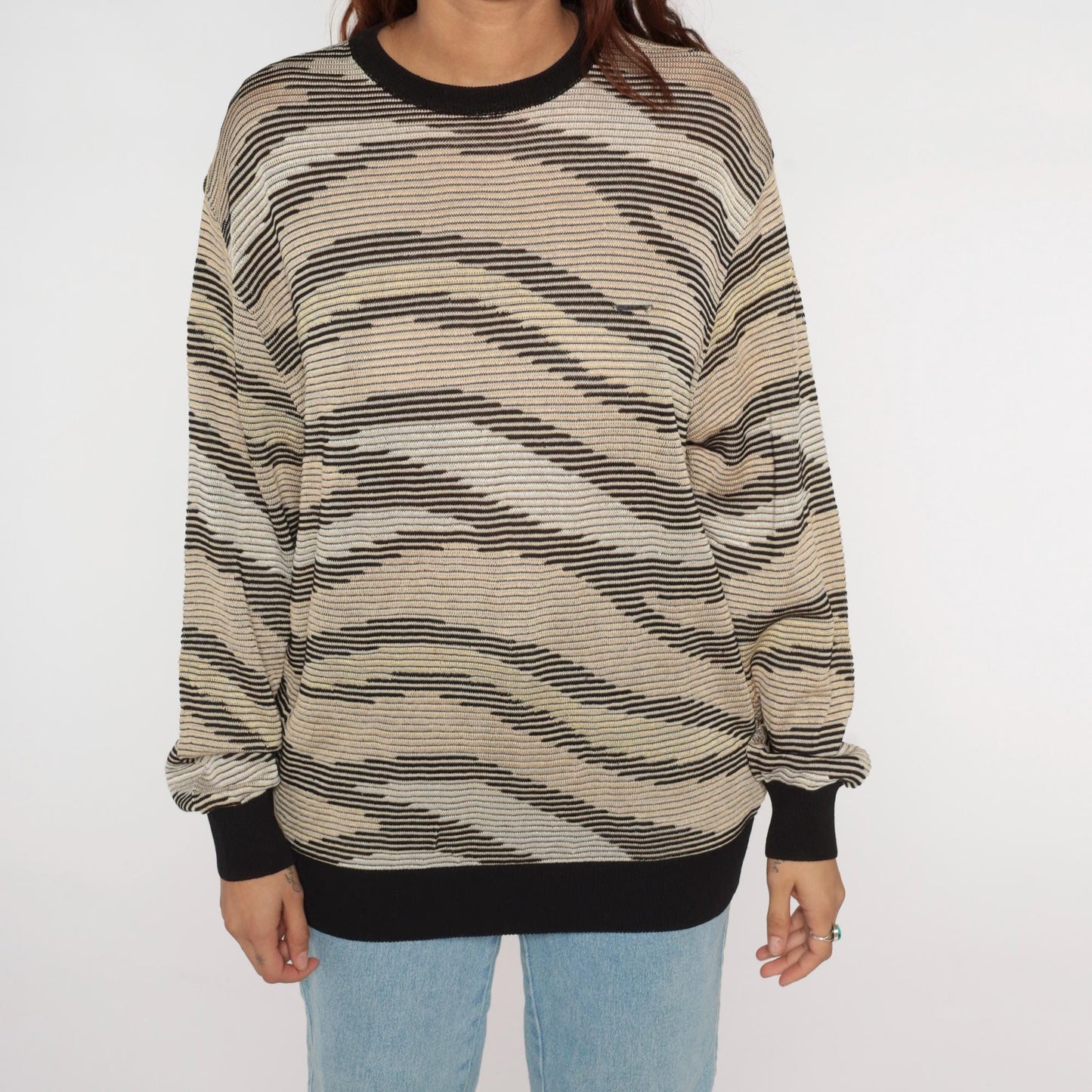Y2K Aias Golf Striped Sweater Black Beige Cream Knit Pullover Medium M