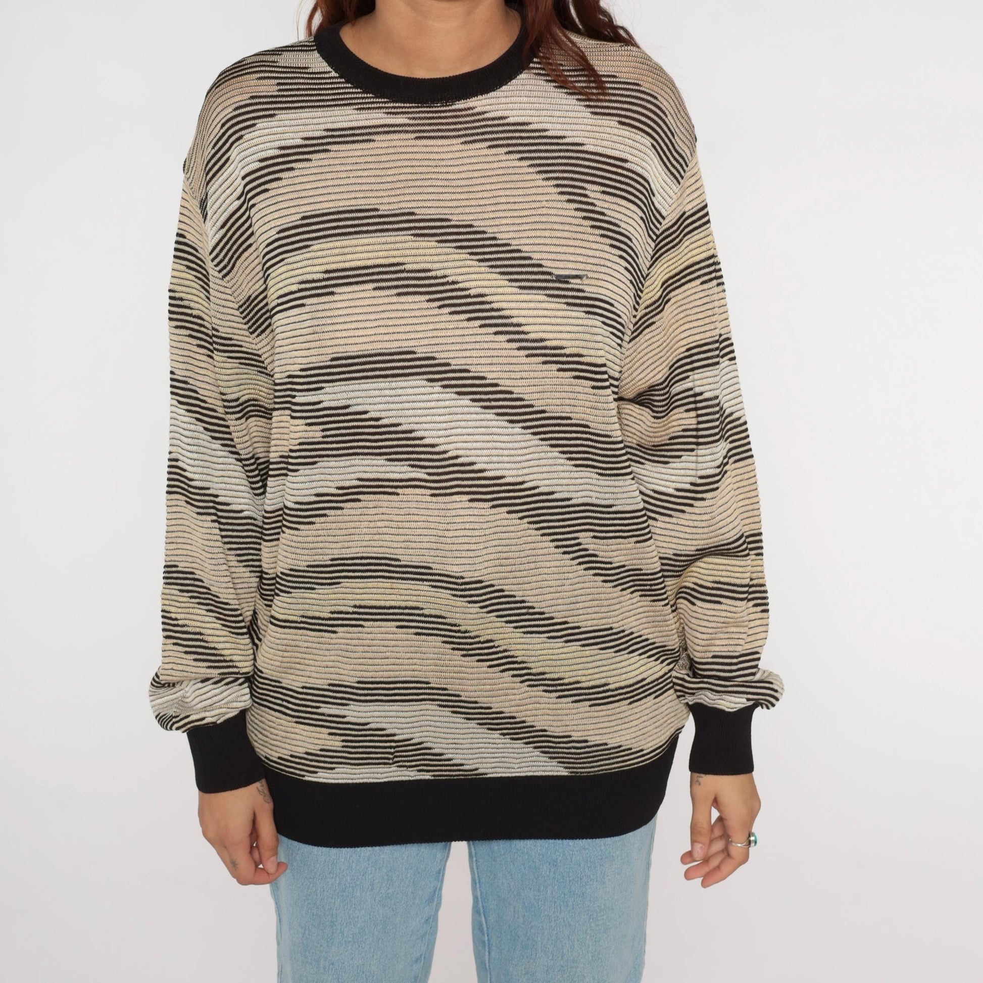 Y2K Aias Golf Striped Sweater Black Beige Cream Knit Pullover Medium M
