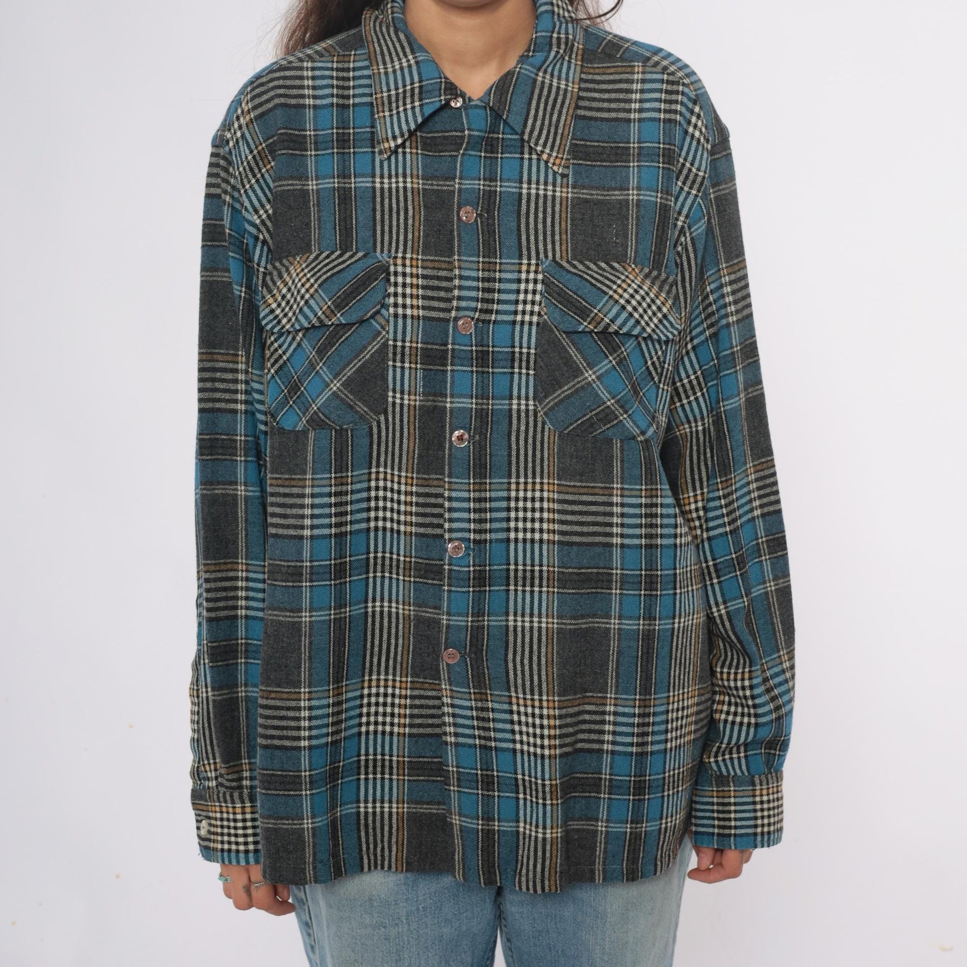 70s Towncraft Plaid Flannel Shirt Jacket Blue Grey Wool Large L