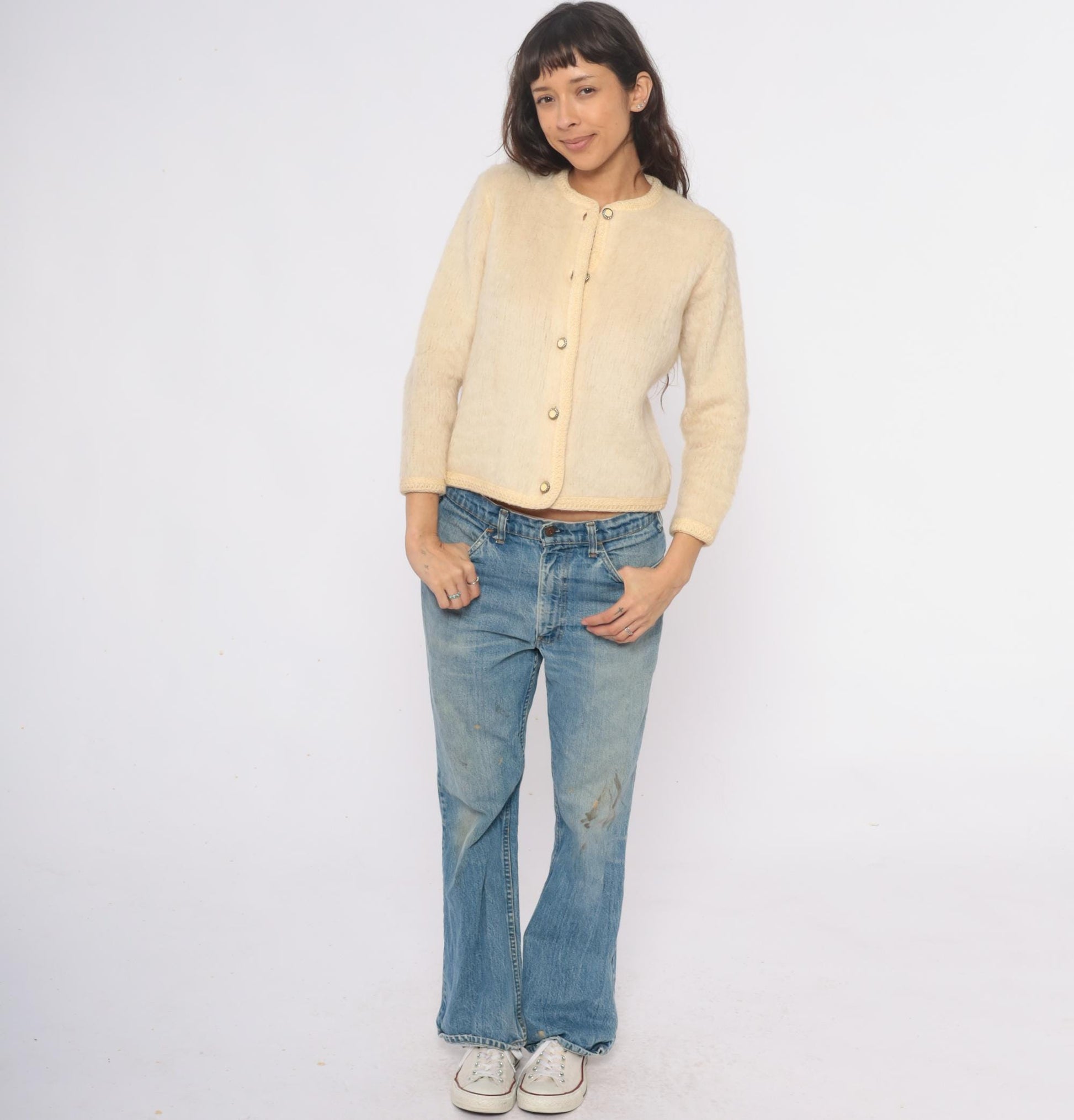 70s Cream Wool Cardigan Peter Pan Collar Textured Knit Small Medium