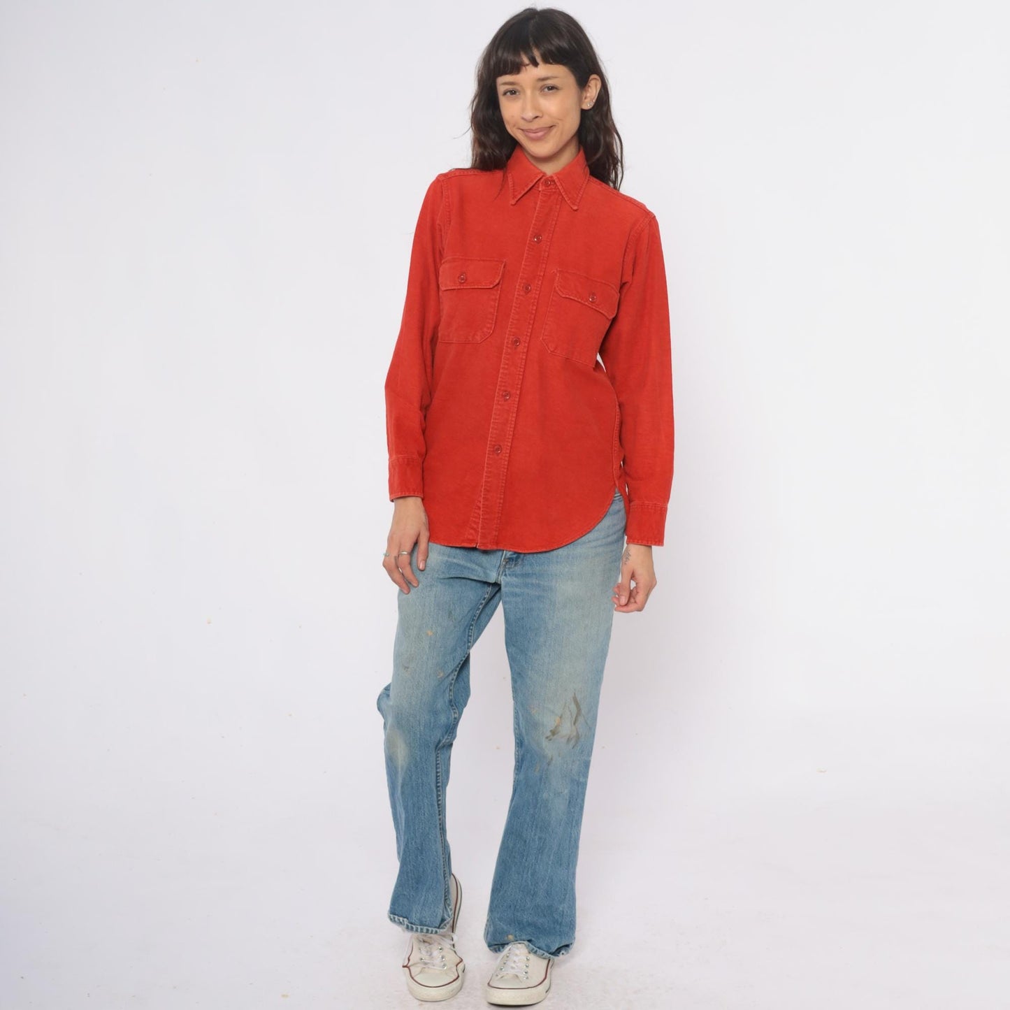 80s Woolrich Orange Button-Up Shirt Long Sleeve Collared Chest Pockets Medium