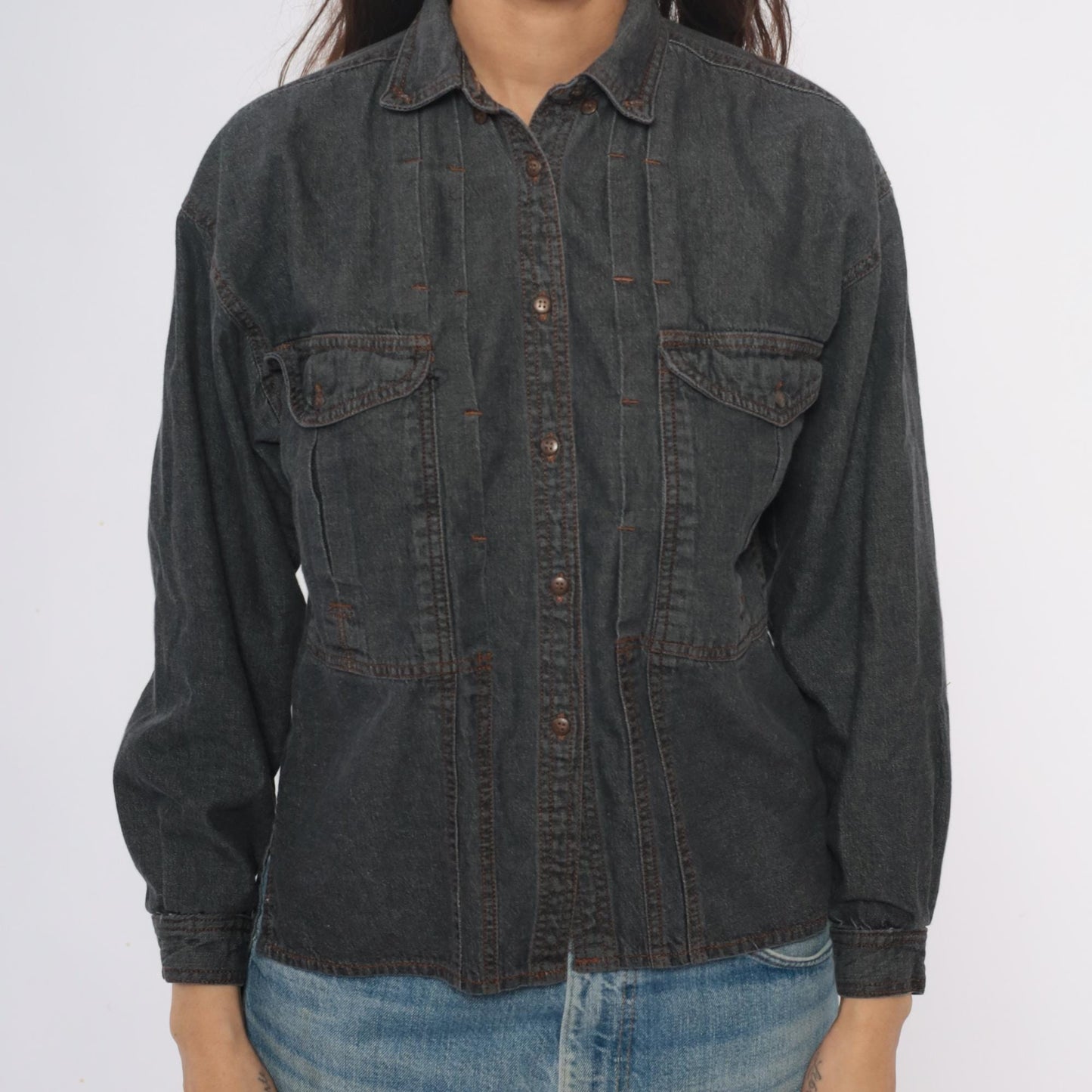 90s Changes Dark Grey Denim Shirt Jacket Cotton Button Front Small