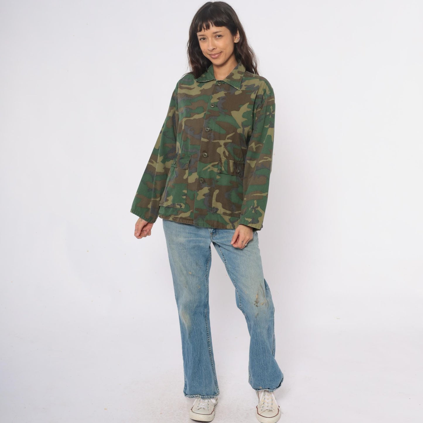 90s Woodland Camo Jacket Military Field Green Brown Utility Medium