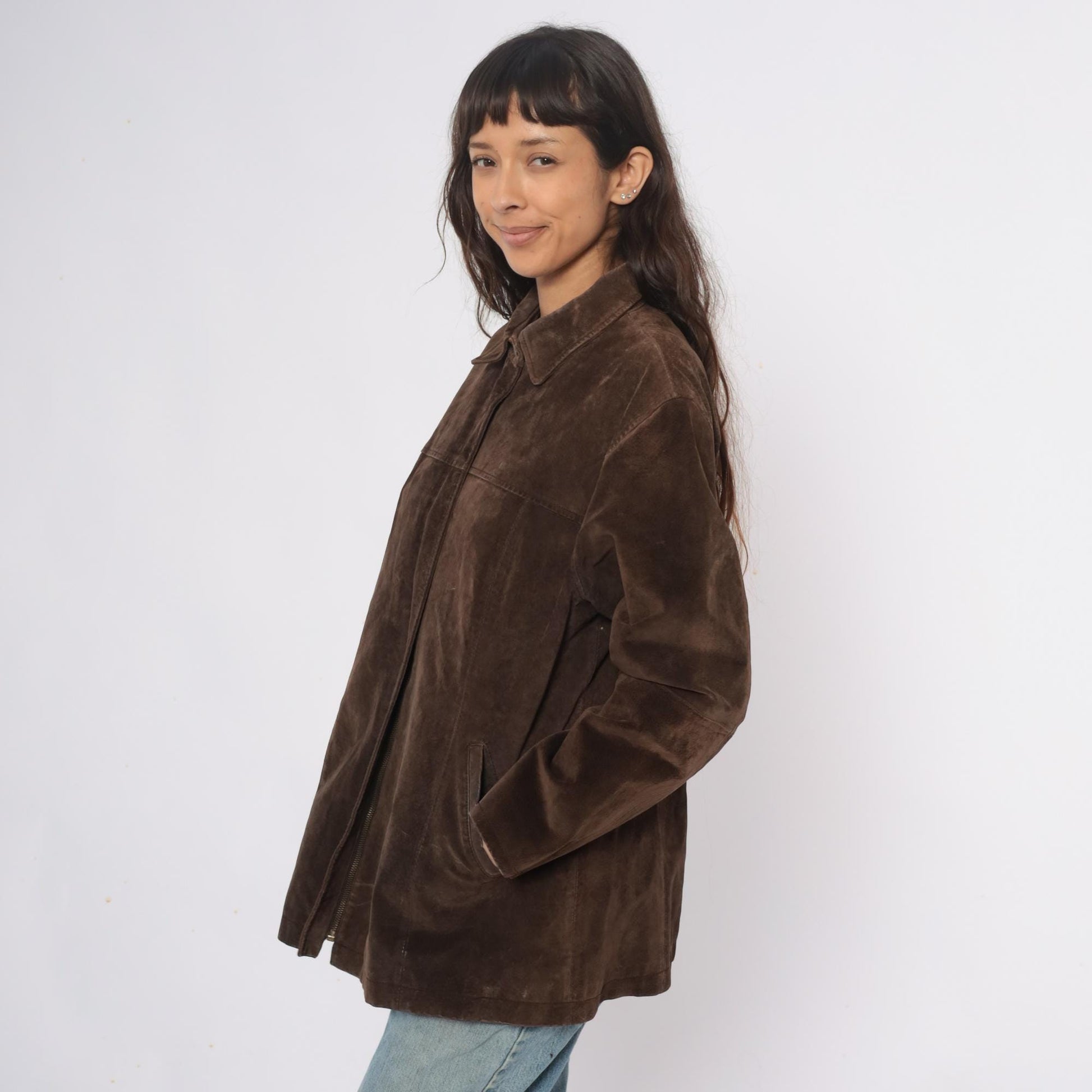 90s Ami Brown Suede Leather Jacket Collared Zip Front Large L