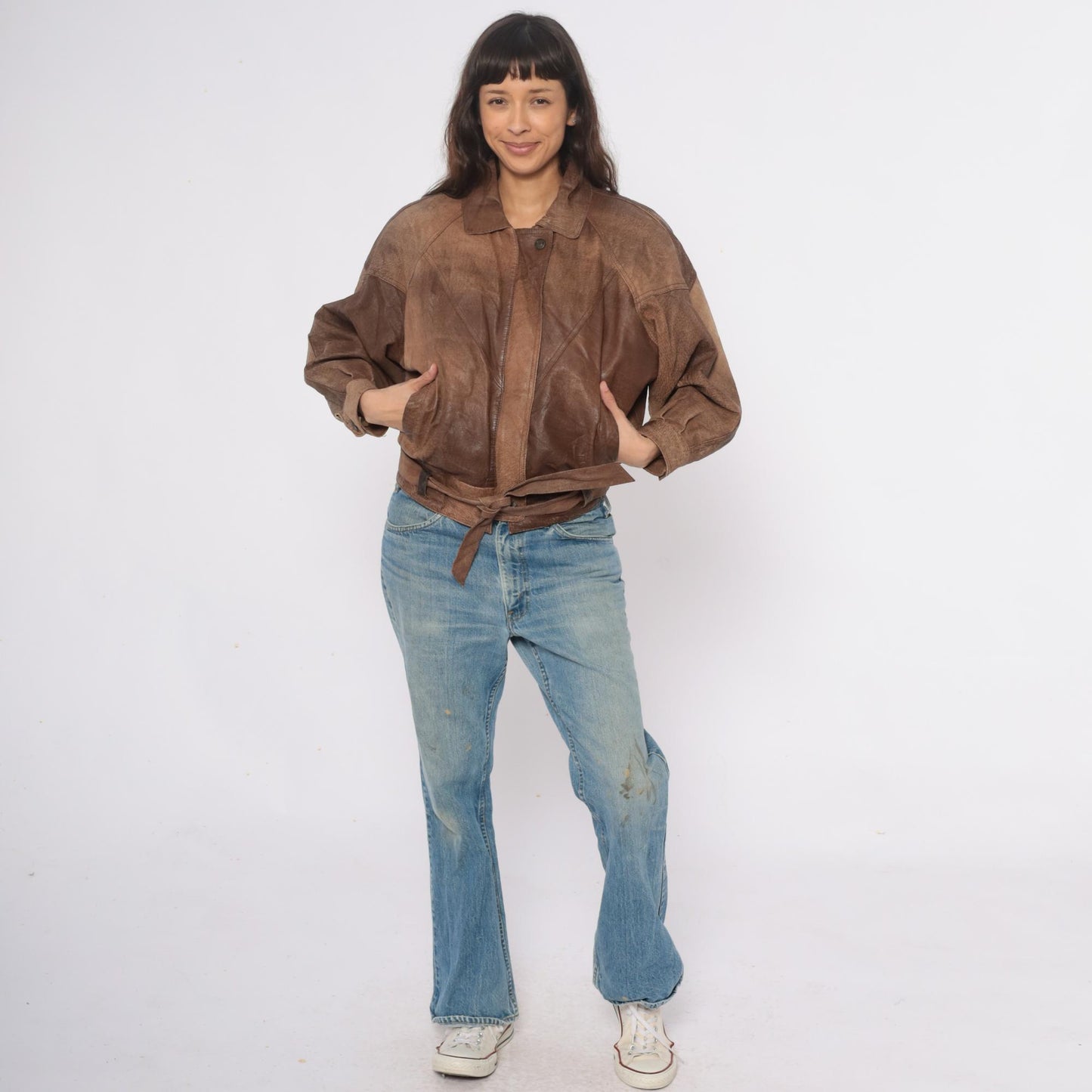 90s Adventure Bound Brown Leather Jacket Cropped Belted Small S