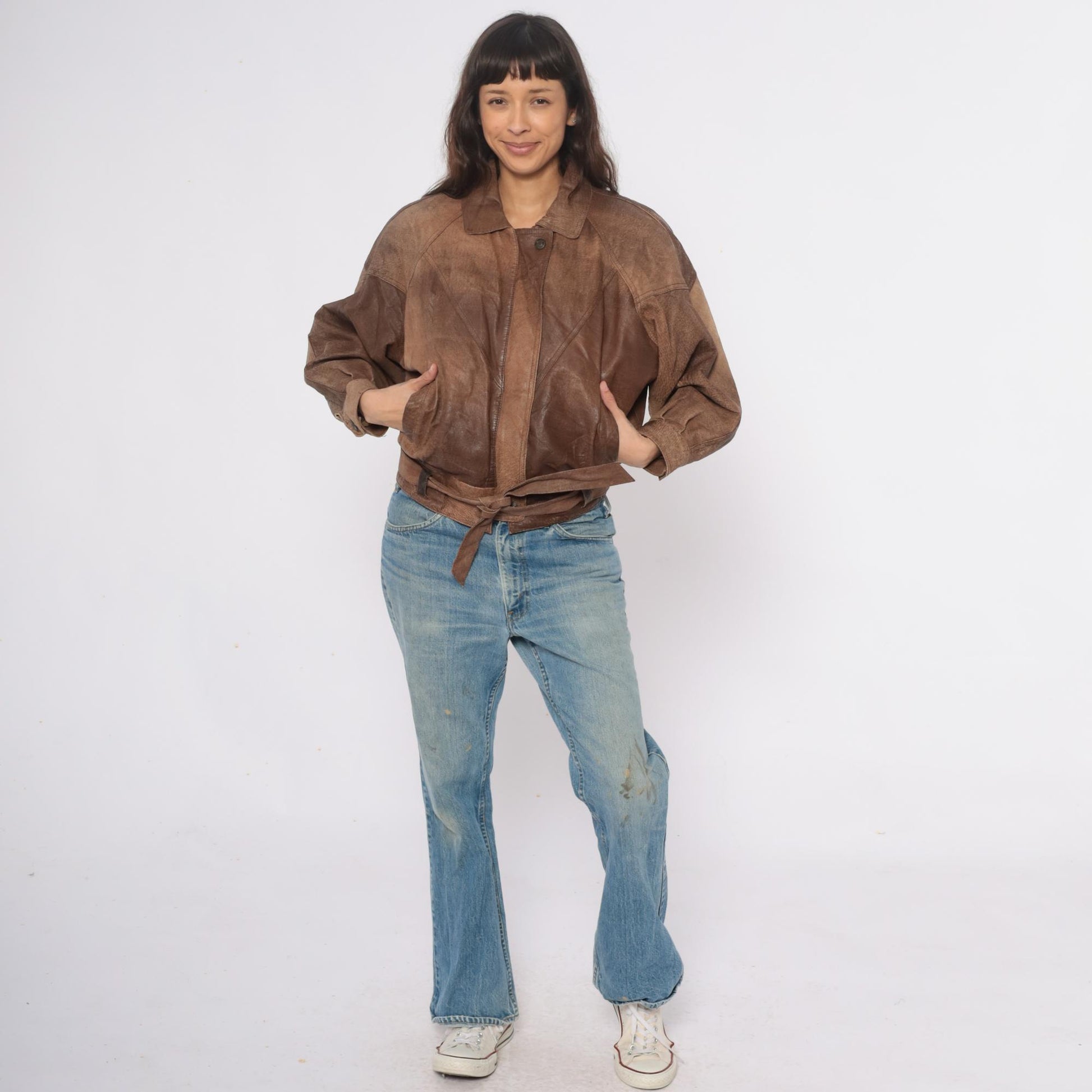 90s Adventure Bound Brown Leather Jacket Cropped Belted Small S