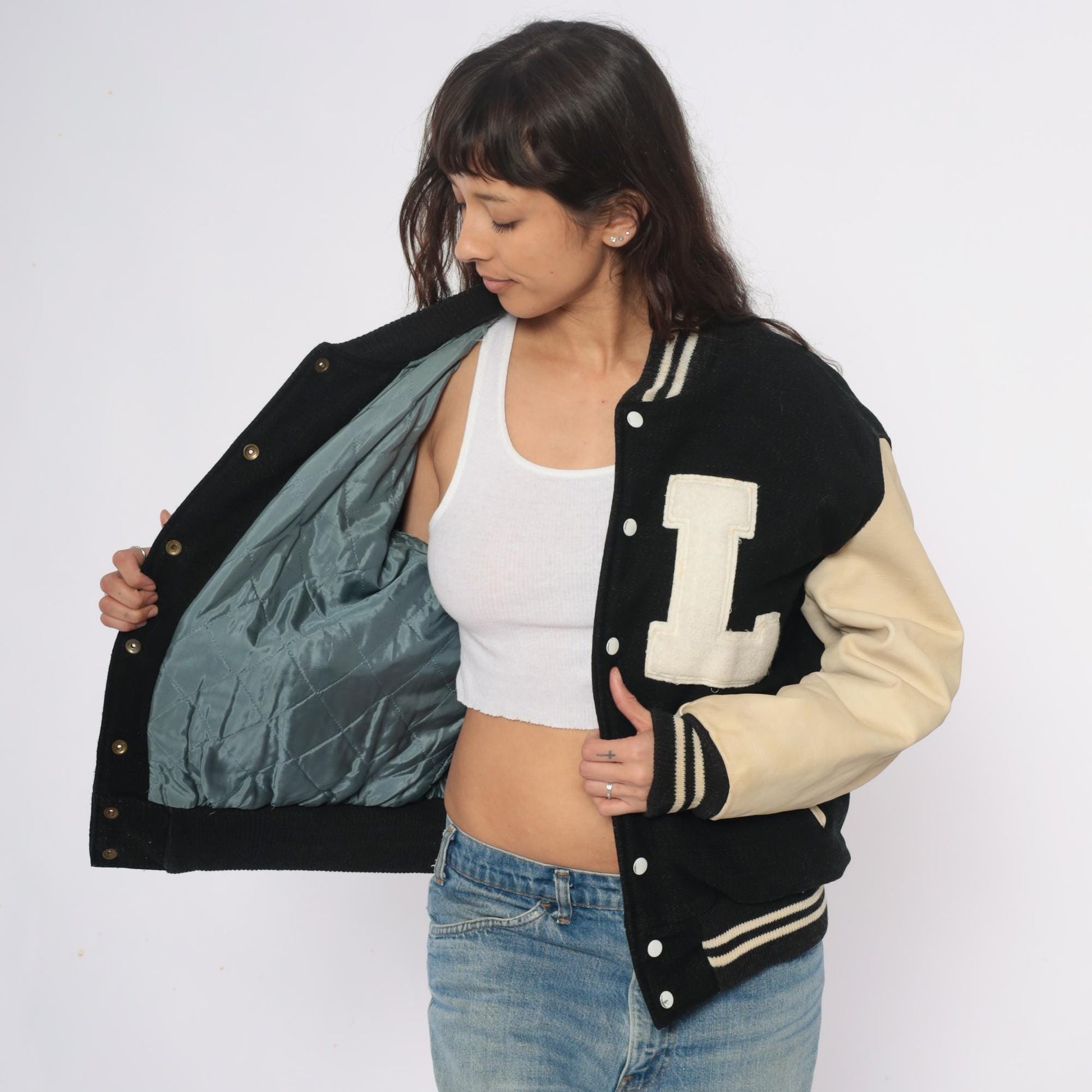 80s Golden Threads Varsity Jacket Wool Leather Black Cream Lumberjack Patches Large