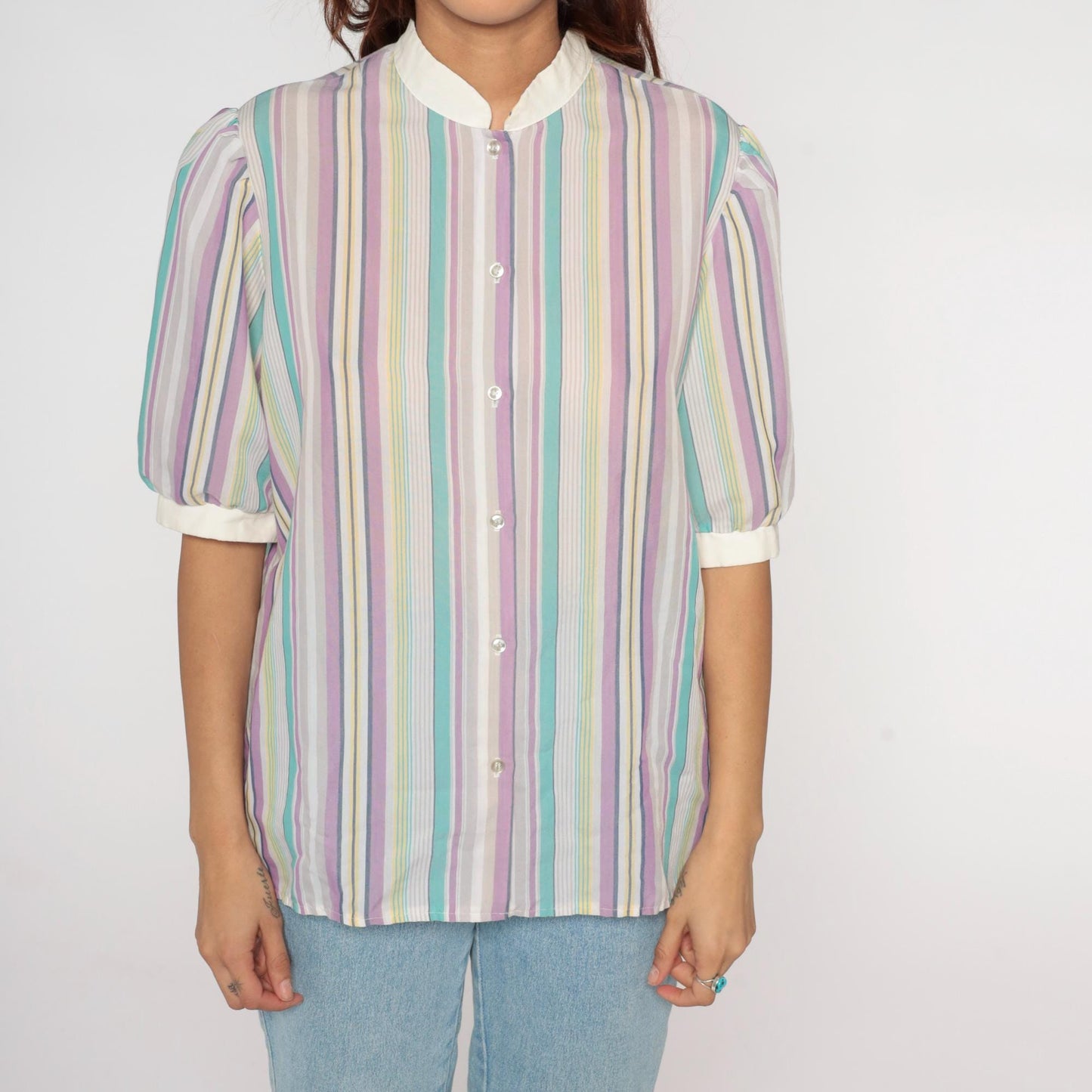 80s Koret Pastel Striped Blouse Peter Pan Collar Puff Sleeve Small