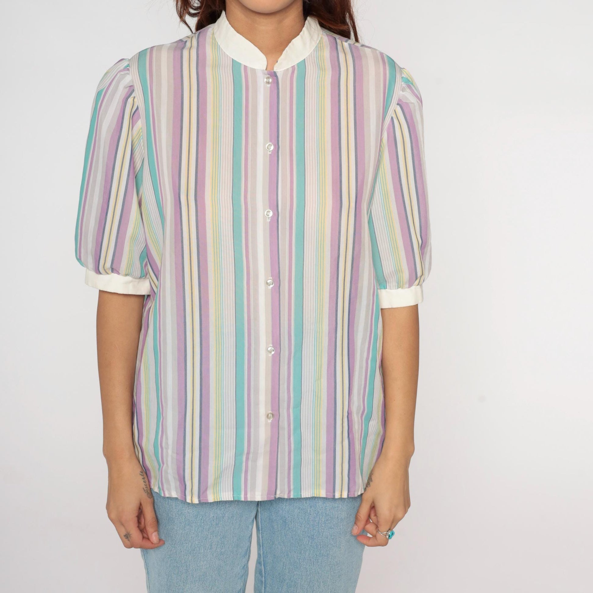 80s Koret Pastel Striped Blouse Peter Pan Collar Puff Sleeve Small