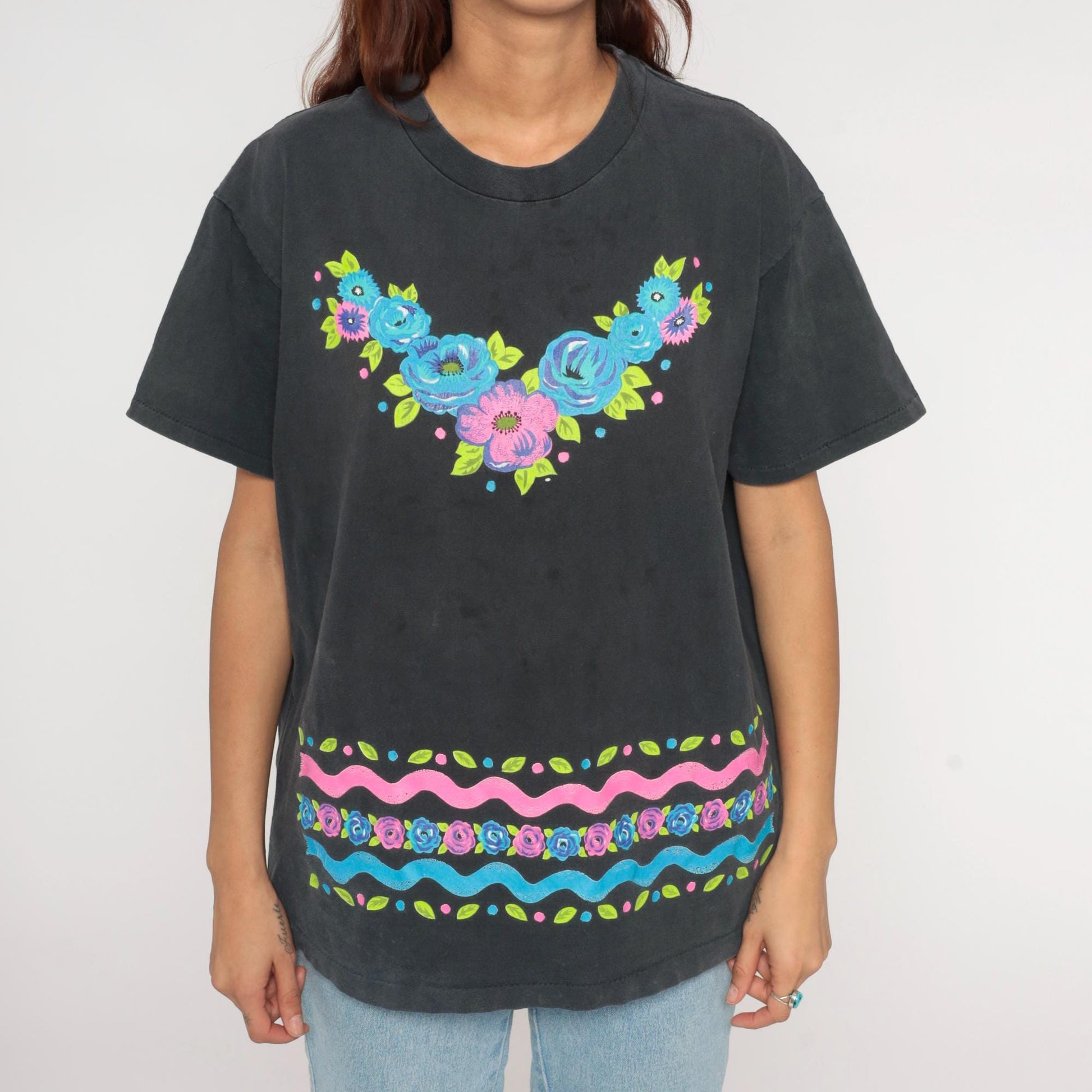 90s Jacques Moret Floral Cotton T-Shirt Blue Pink Roses Graphic Tee Large