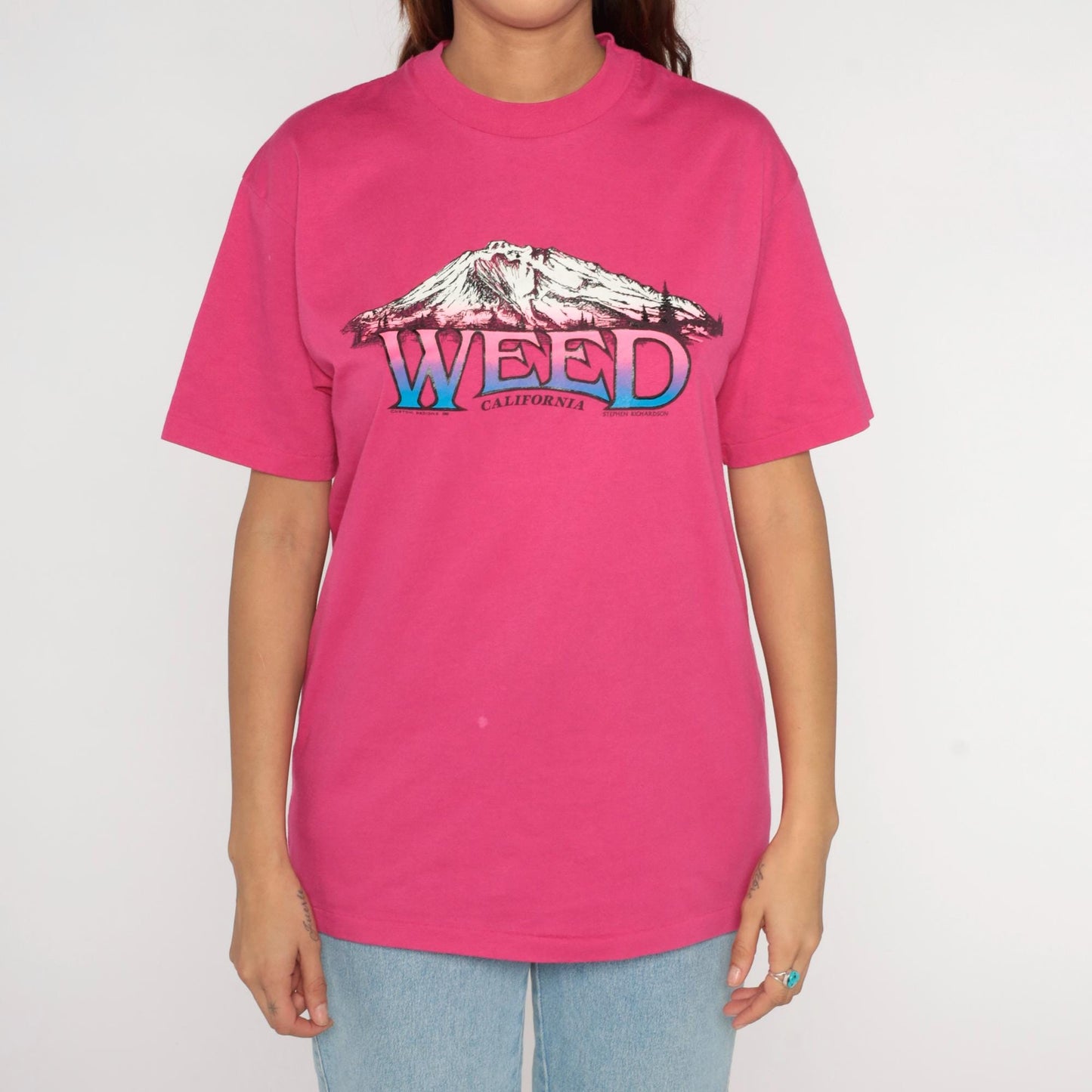 80s Weed California Mountain Graphic T-Shirt Hot Pink Hanes Large L