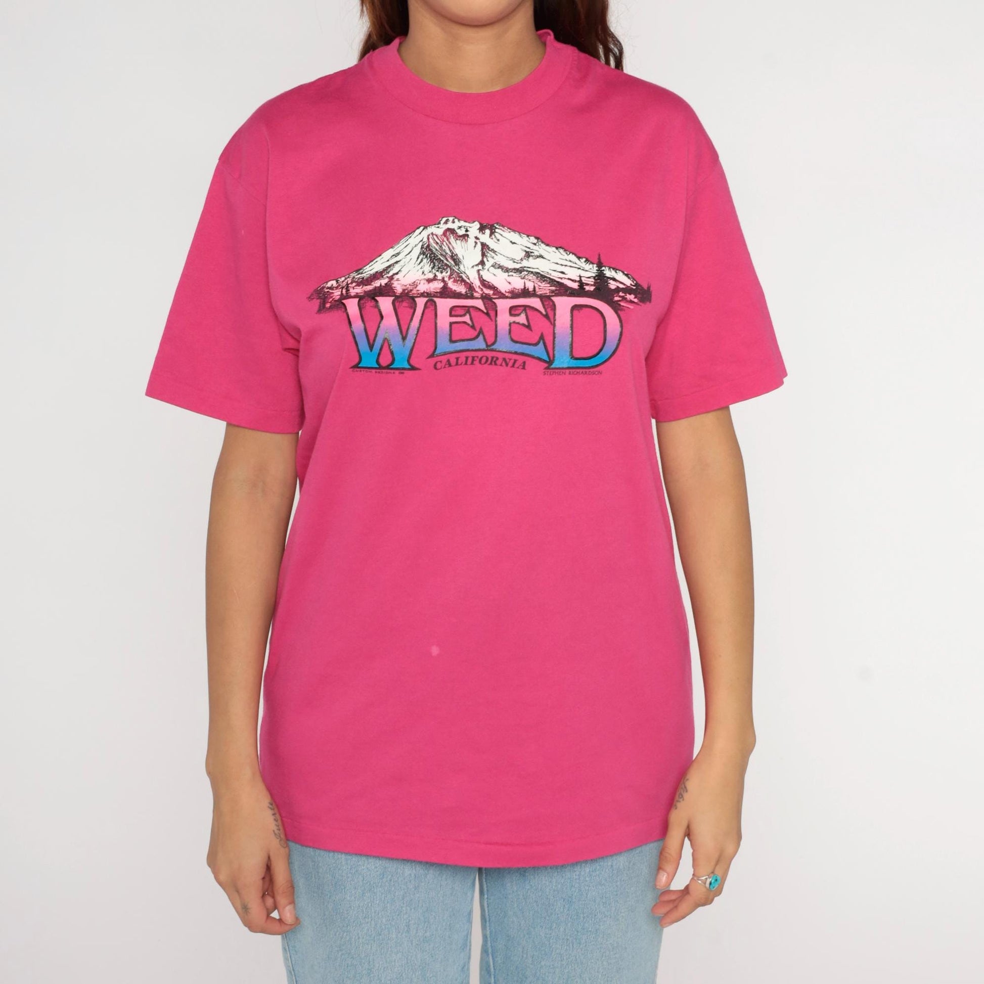 80s Weed California Mountain Graphic T-Shirt Hot Pink Hanes Large L