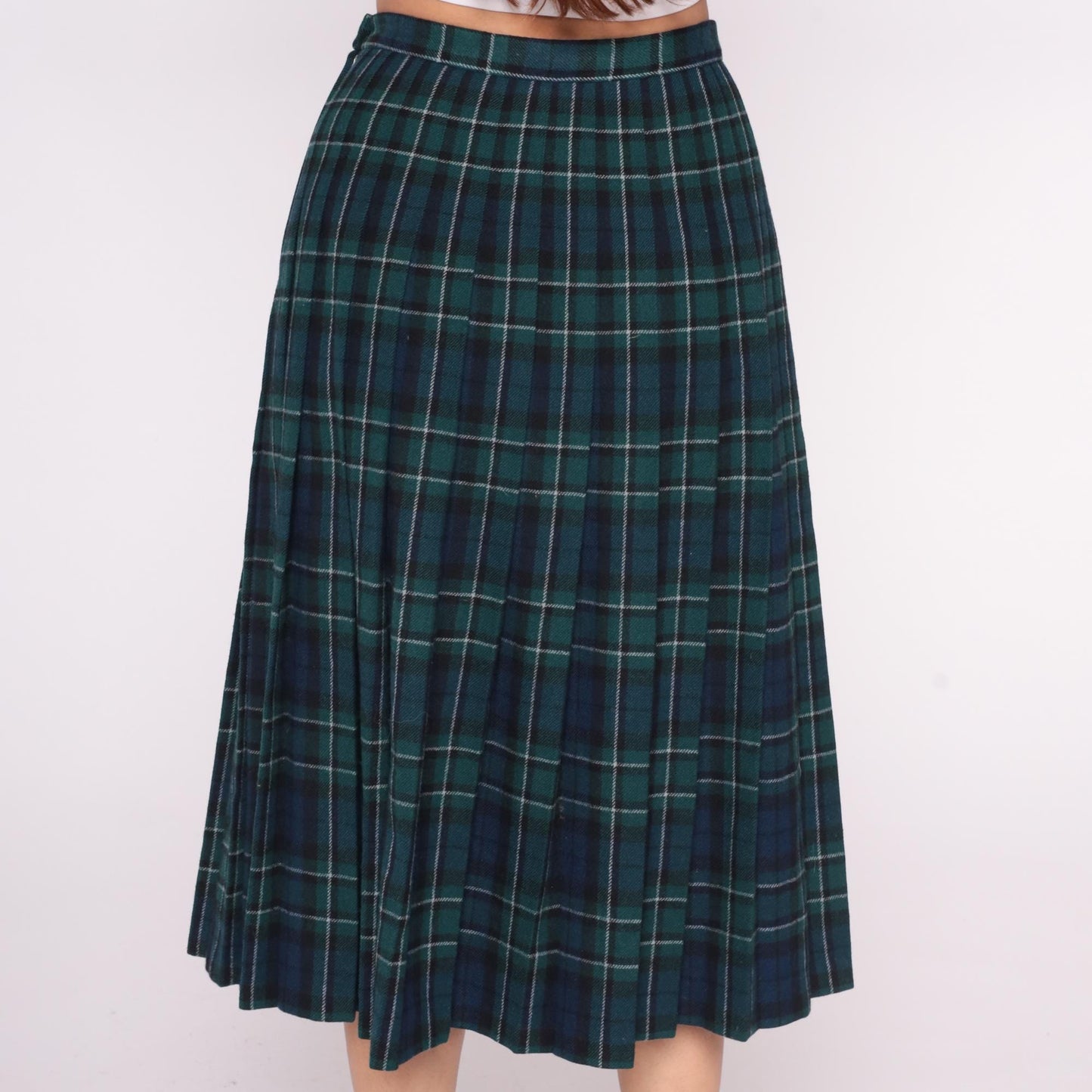 Pendleton Plaid Wool Skirt 80s Green Navy Tartan Pleated High Waist Small