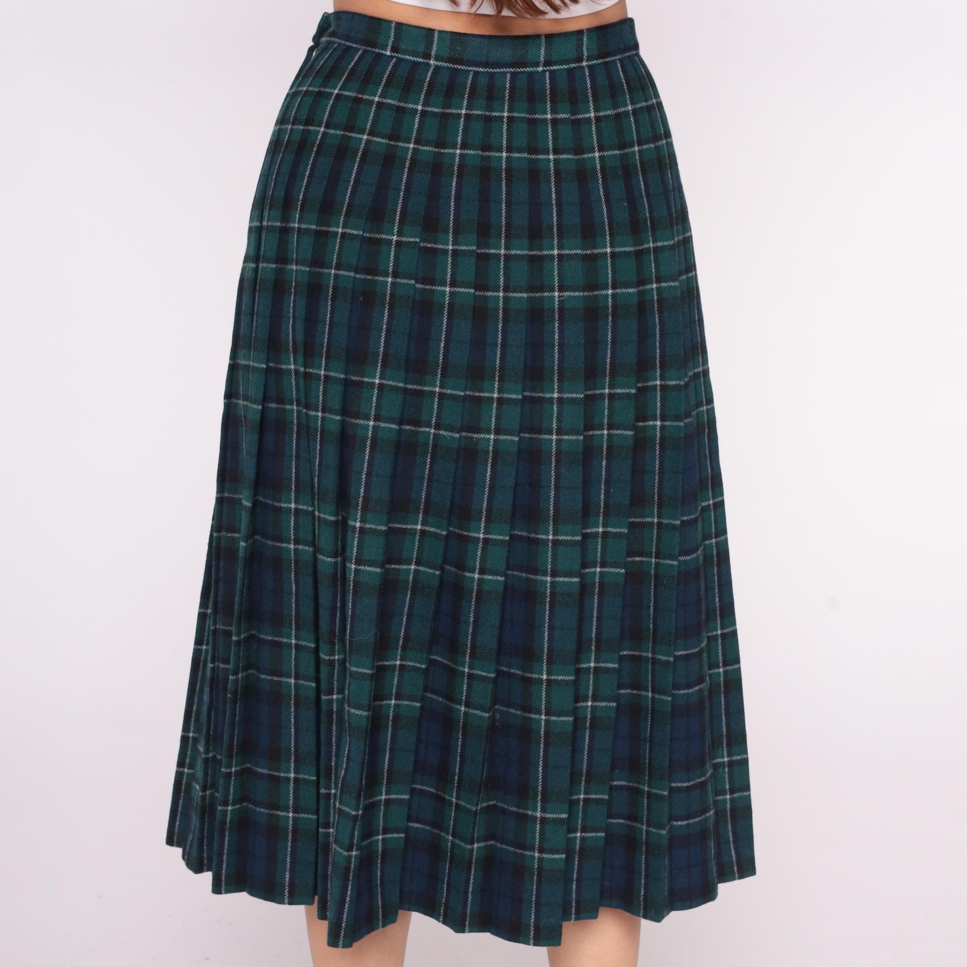 Pendleton Plaid Wool Skirt 80s Green Navy Tartan Pleated High Waist Small