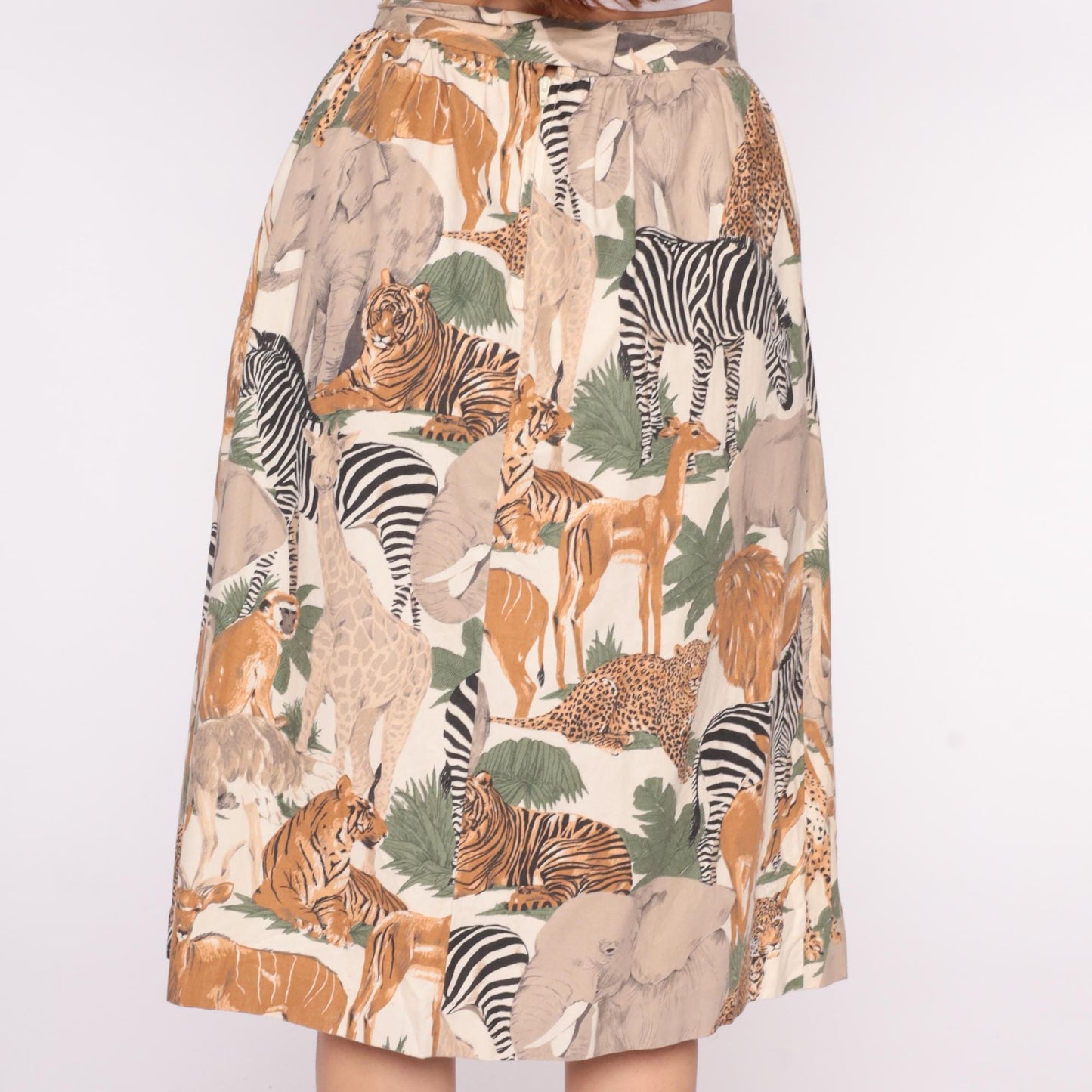 80s Safari Animal Print Skirt Cream Orange Pleated Elastic Waist Small