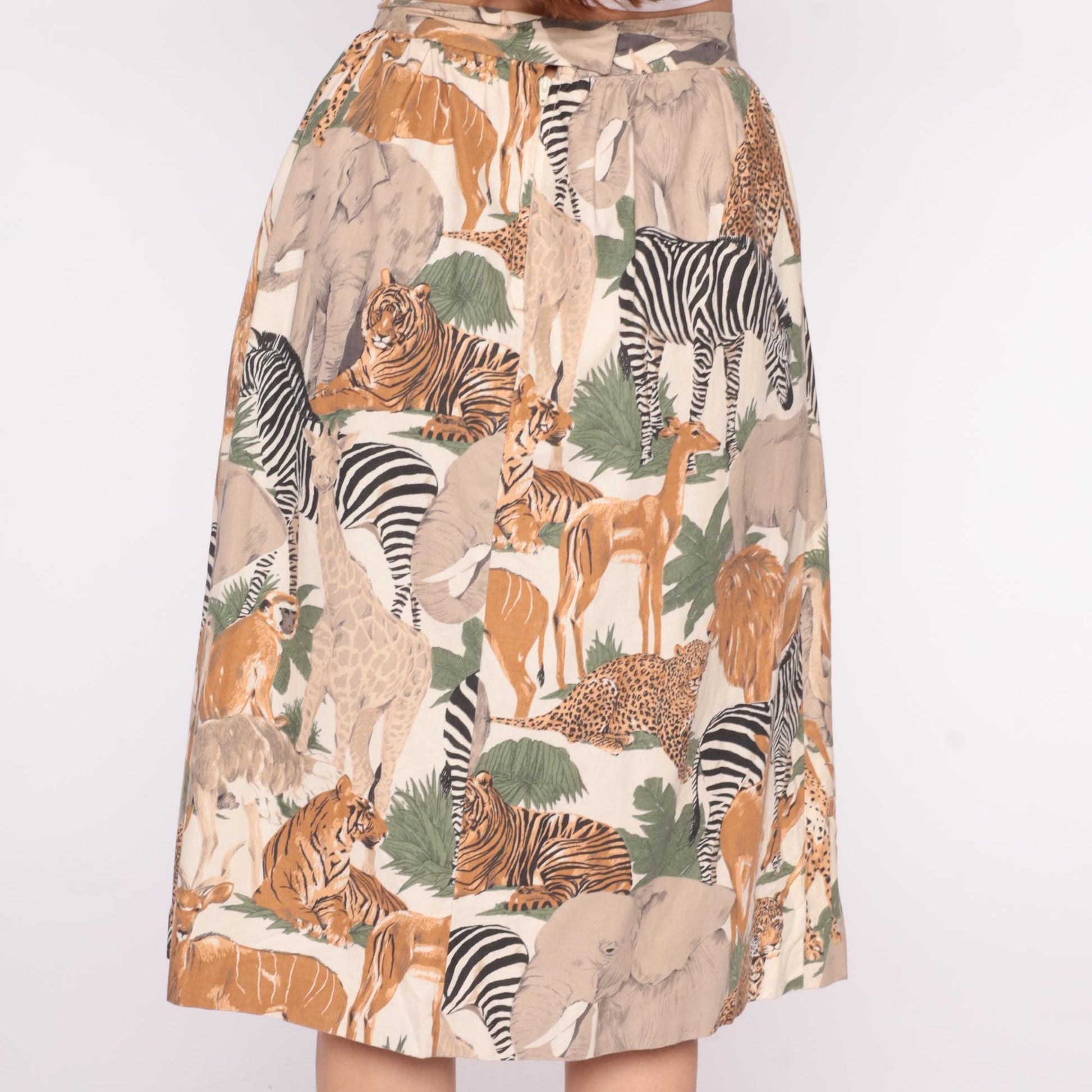 80s Safari Animal Print Skirt Cream Orange Pleated Elastic Waist Small