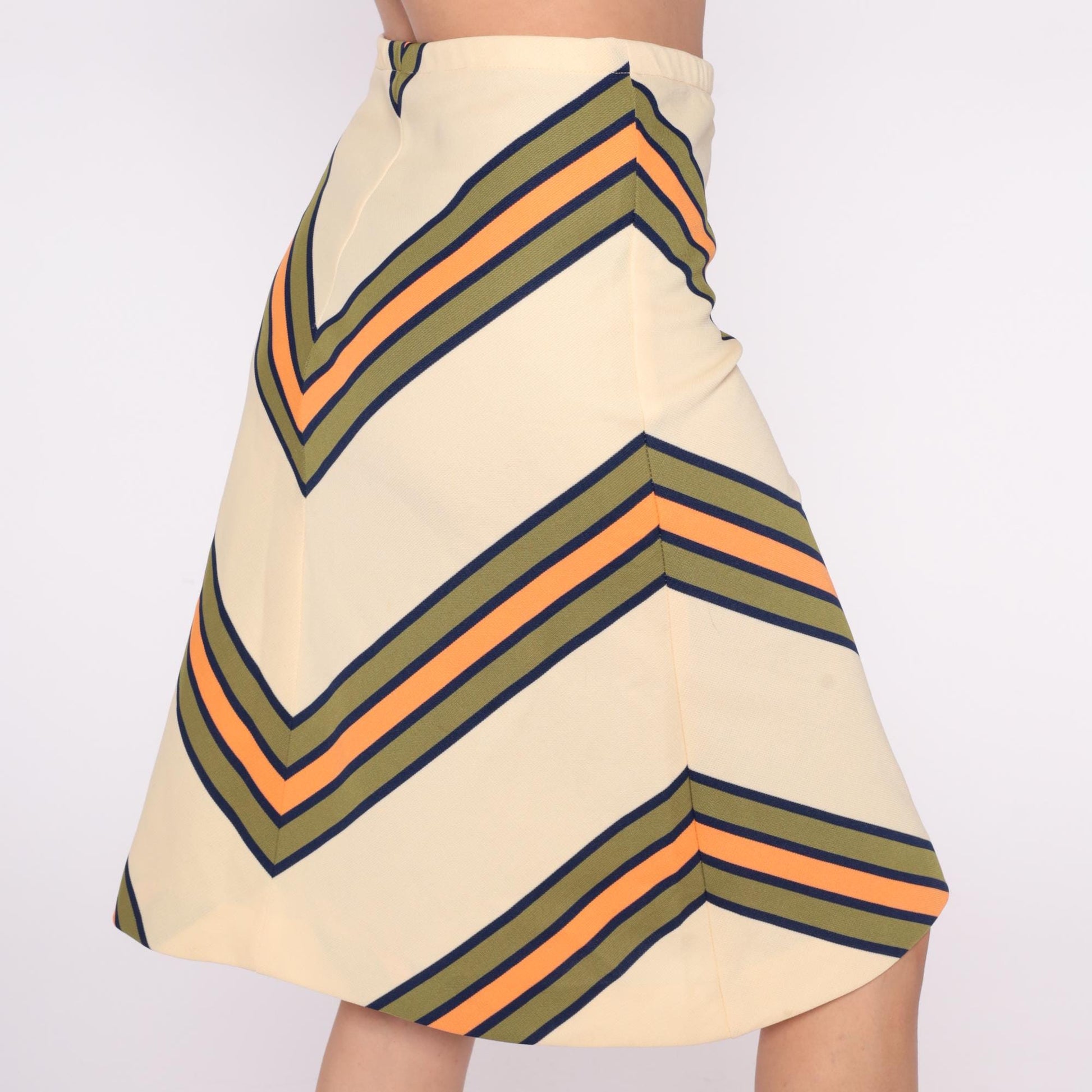 70s Chevron A-Line Skirt Cream Navy Orange Stripe Knee-Length Medium Large