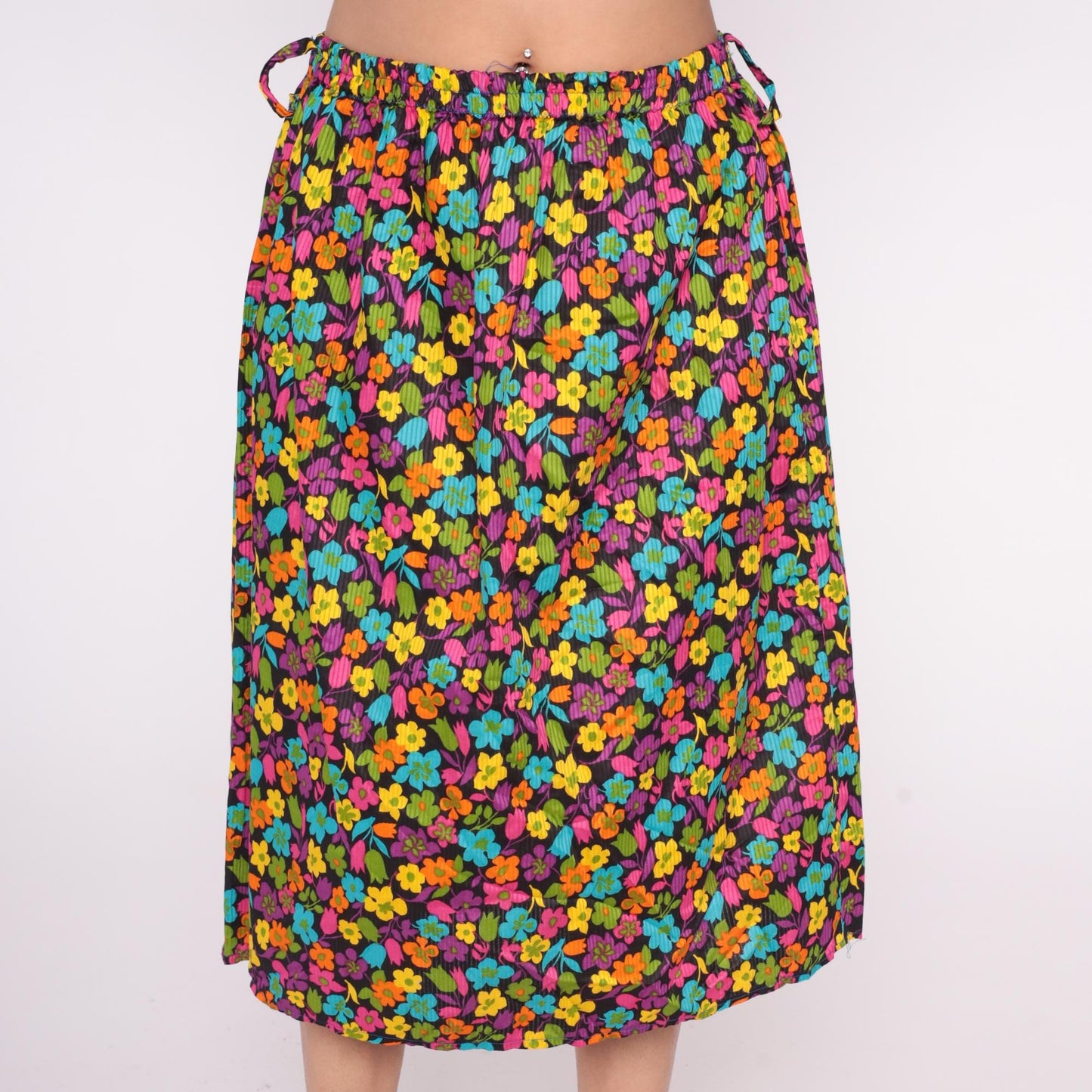 90s Black Floral A-Line Skirt Multicolor Drawstring Cotton Medium