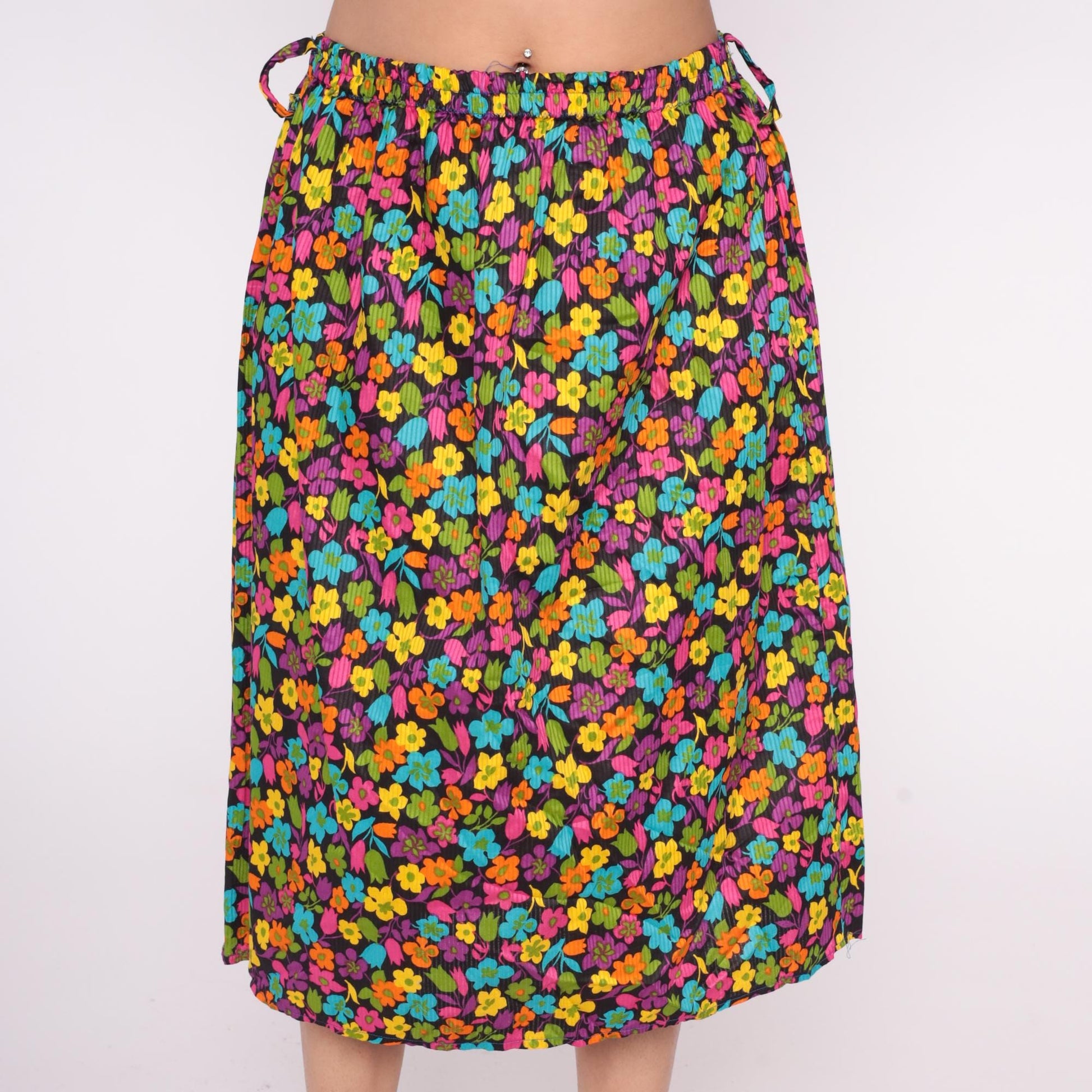 90s Black Floral A-Line Skirt Multicolor Drawstring Cotton Medium