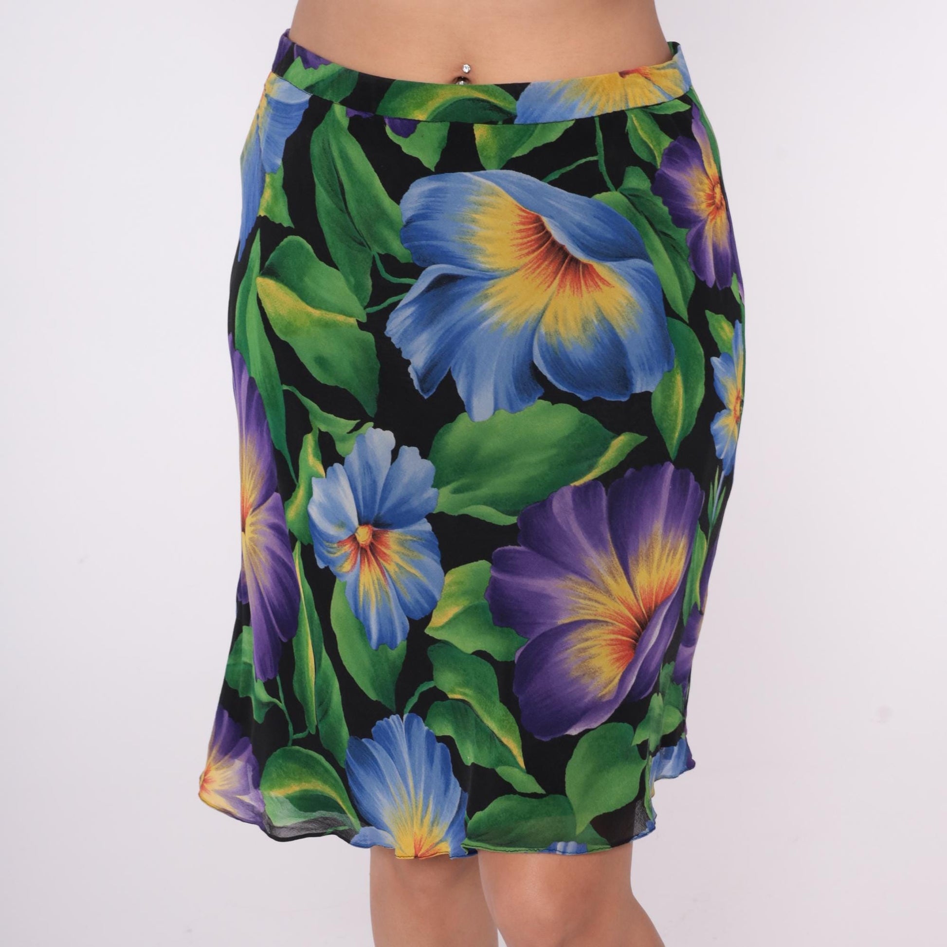 90s Liz Claiborne Silk Floral Skirt Knee-Length Black Purple Blue Medium