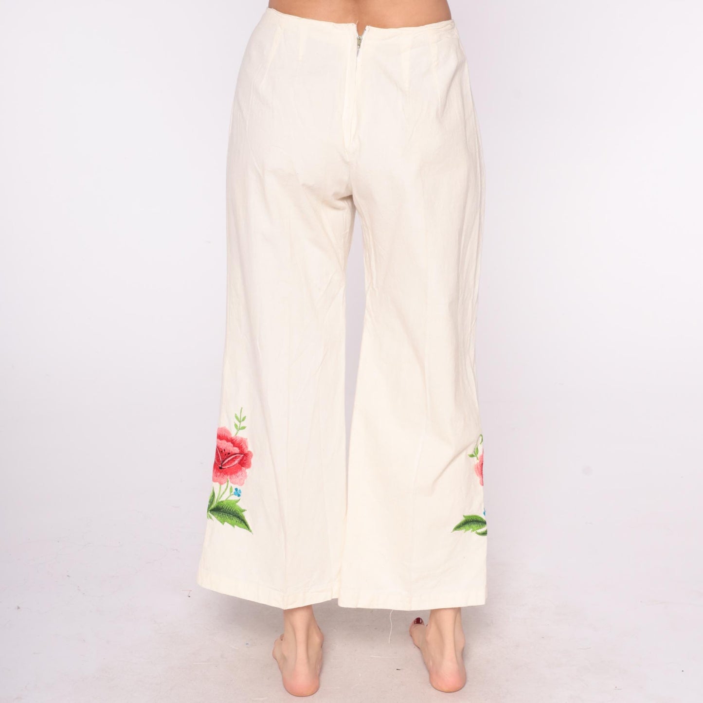 80s Floral Embroidered Cream Wide Leg Pants High Waist Palazzo Cotton Medium