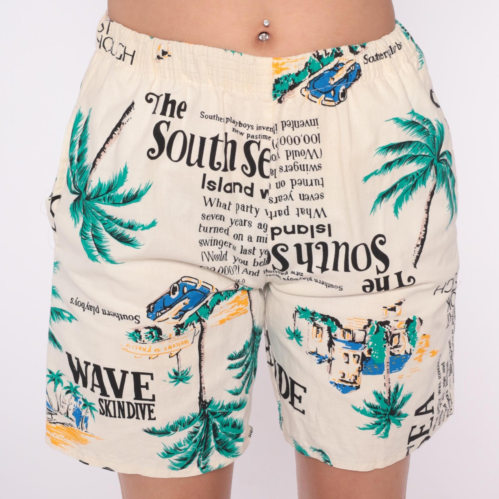 80s Tropical Palm Tree Shorts Cream Graphic Text Beach Small Medium