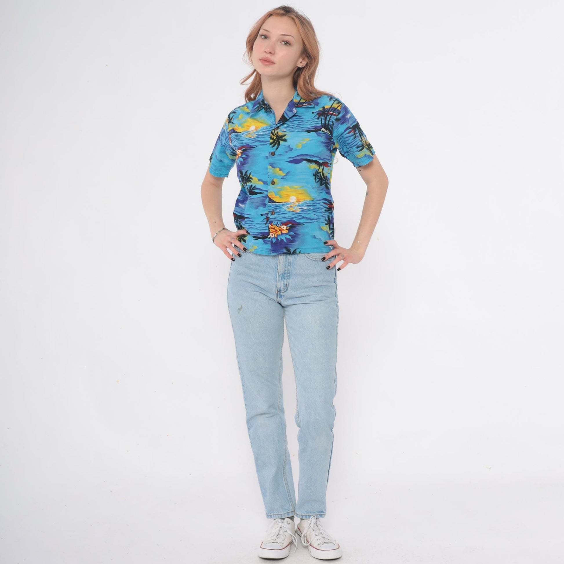 90s Royal Hawaiian Creations Tropical Shirt Turquoise Palm Tree Cotton Small S