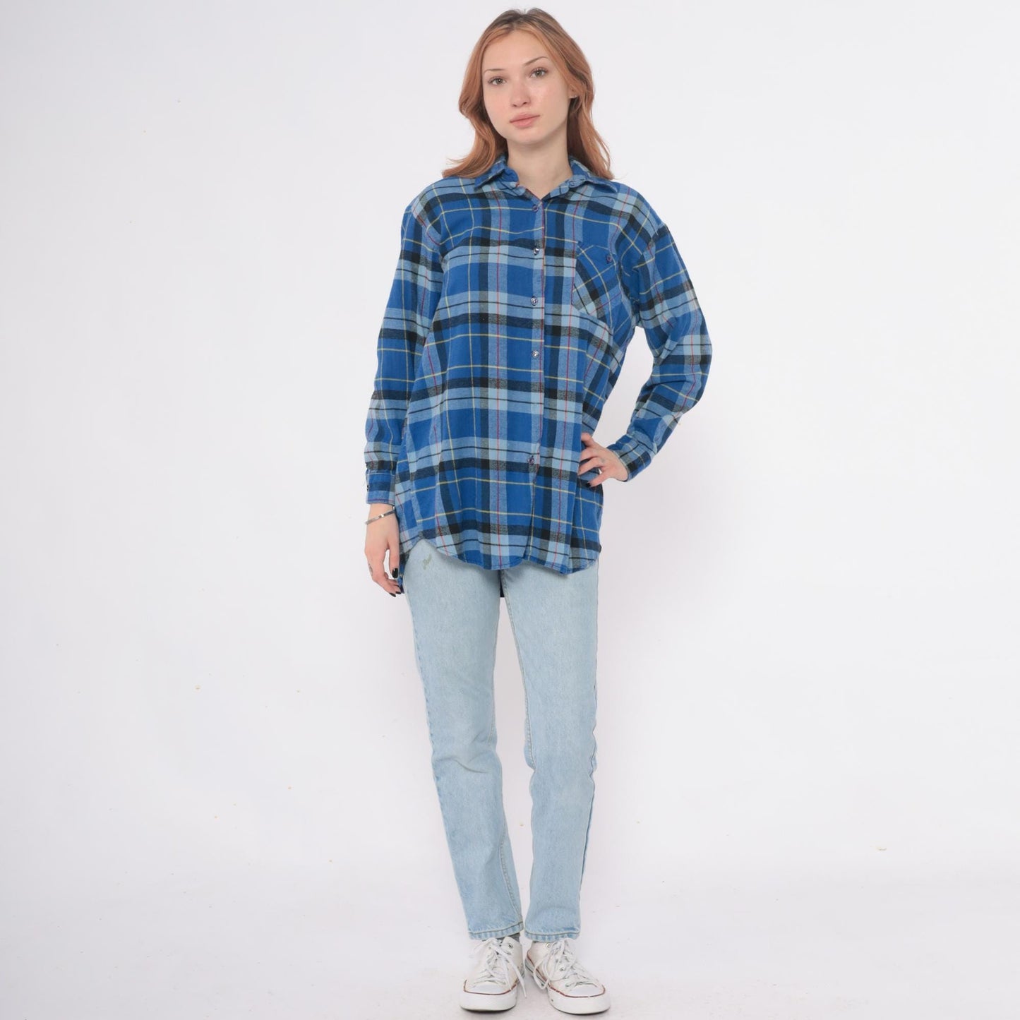 90s Timber Trail Plaid Flannel Shirt Blue Button Front Cotton Medium M
