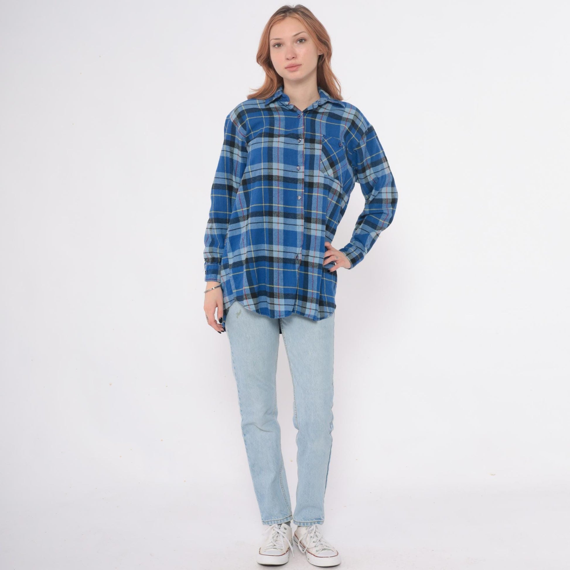 90s Timber Trail Plaid Flannel Shirt Blue Button Front Cotton Medium M