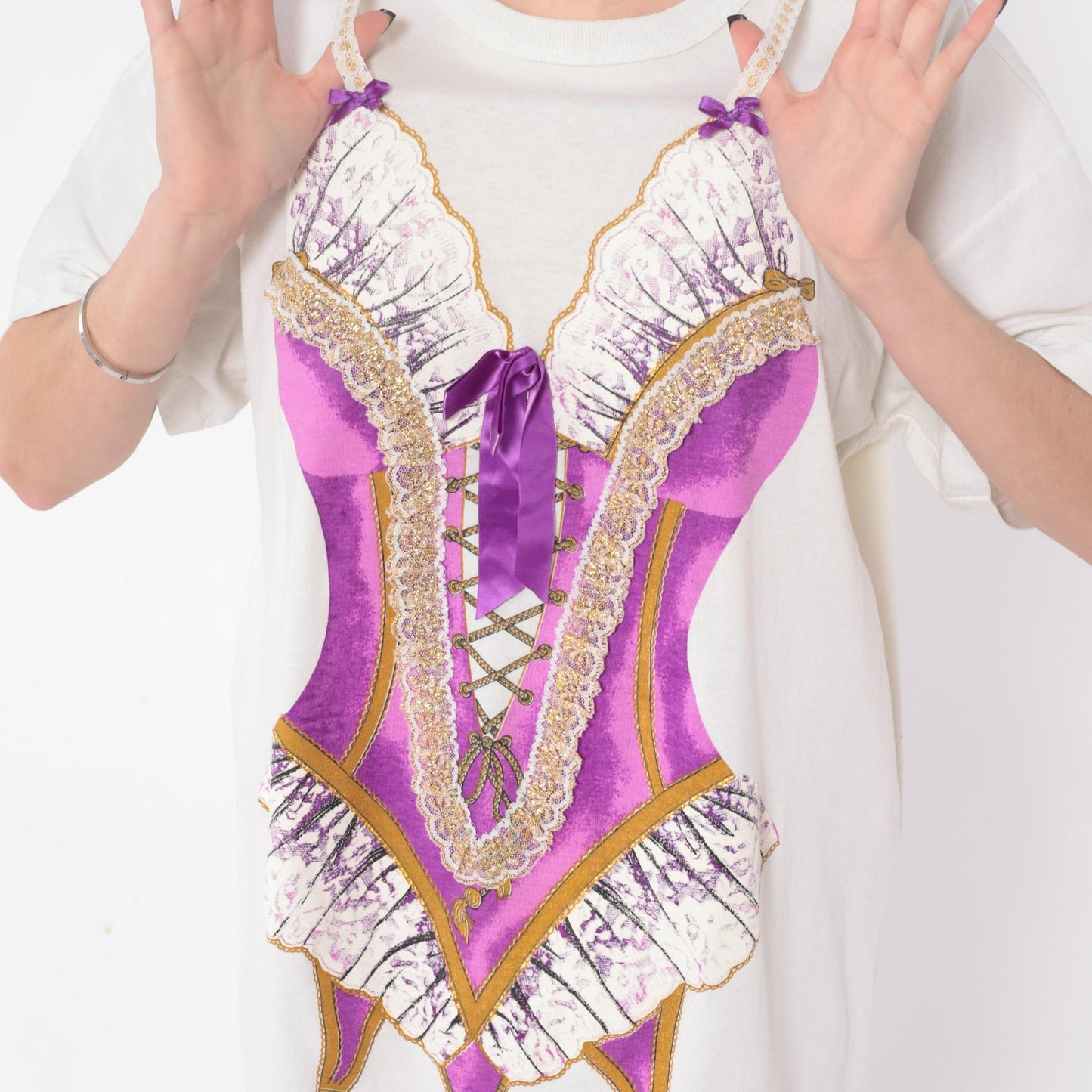 90s Heart To Heart Corset Print Nightshirt White Purple Graphic Sleep Tee One Size