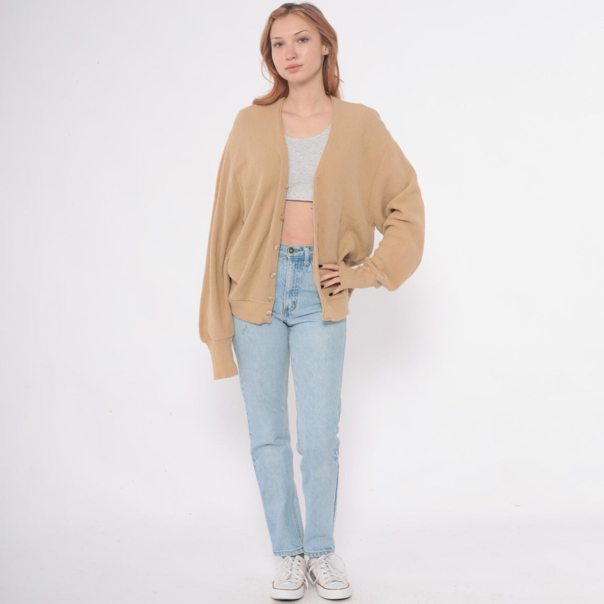 80s Robert Bruce Camel Cardigan V-Neck Button Front Tan Ribbed Large L