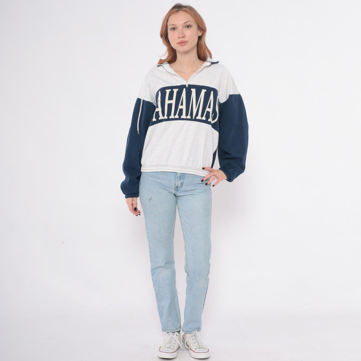 80s Bahamas Zip Hoodie Colorblock Navy Cream Cotton Small Medium
